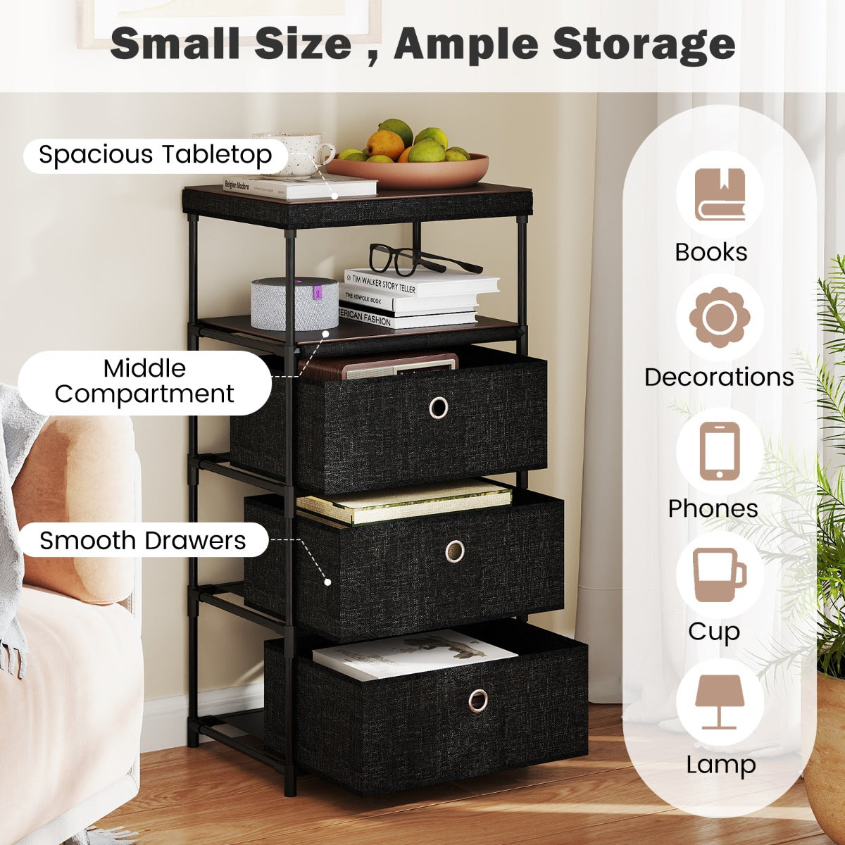 Dresser with 3 Drawers with Wood Top and Metal Frame-Black
