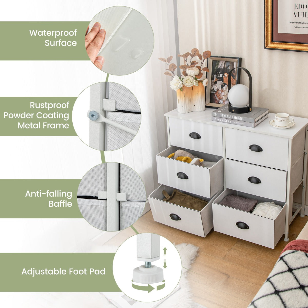 Dresser with 6 Foldable Fabric Drawers Living Room Bedroom-White