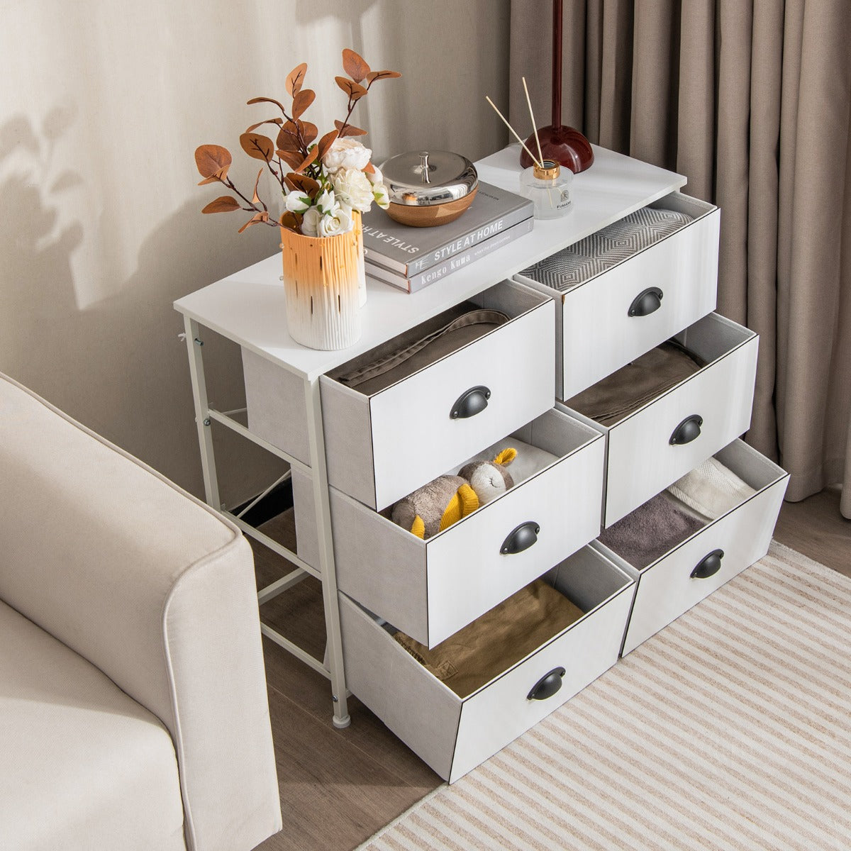 Dresser with 6 Foldable Fabric Drawers Living Room Bedroom-White