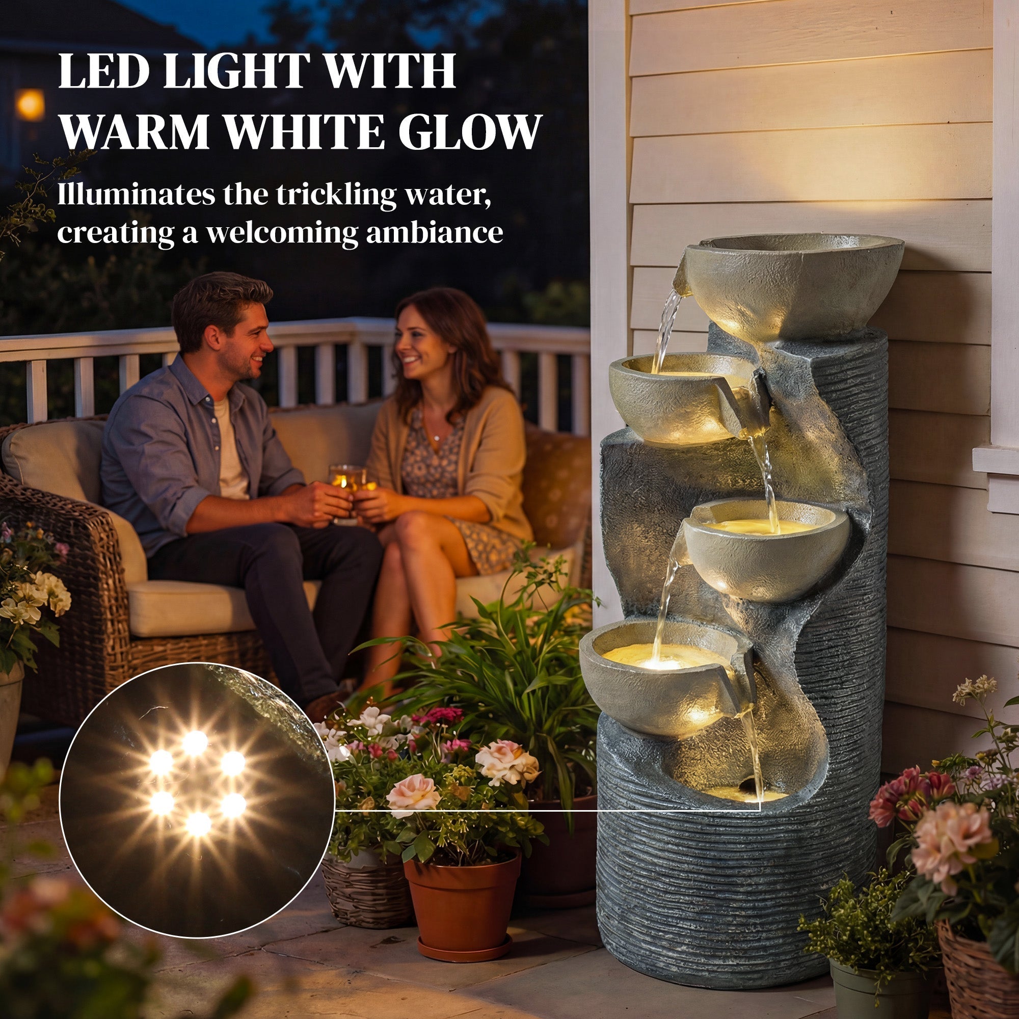 Outsunny Garden Water Feature, Outdoor Water Fountain with LED Lights and Pump, 5 Tier Cascading Waterfall Fountain for Indoor