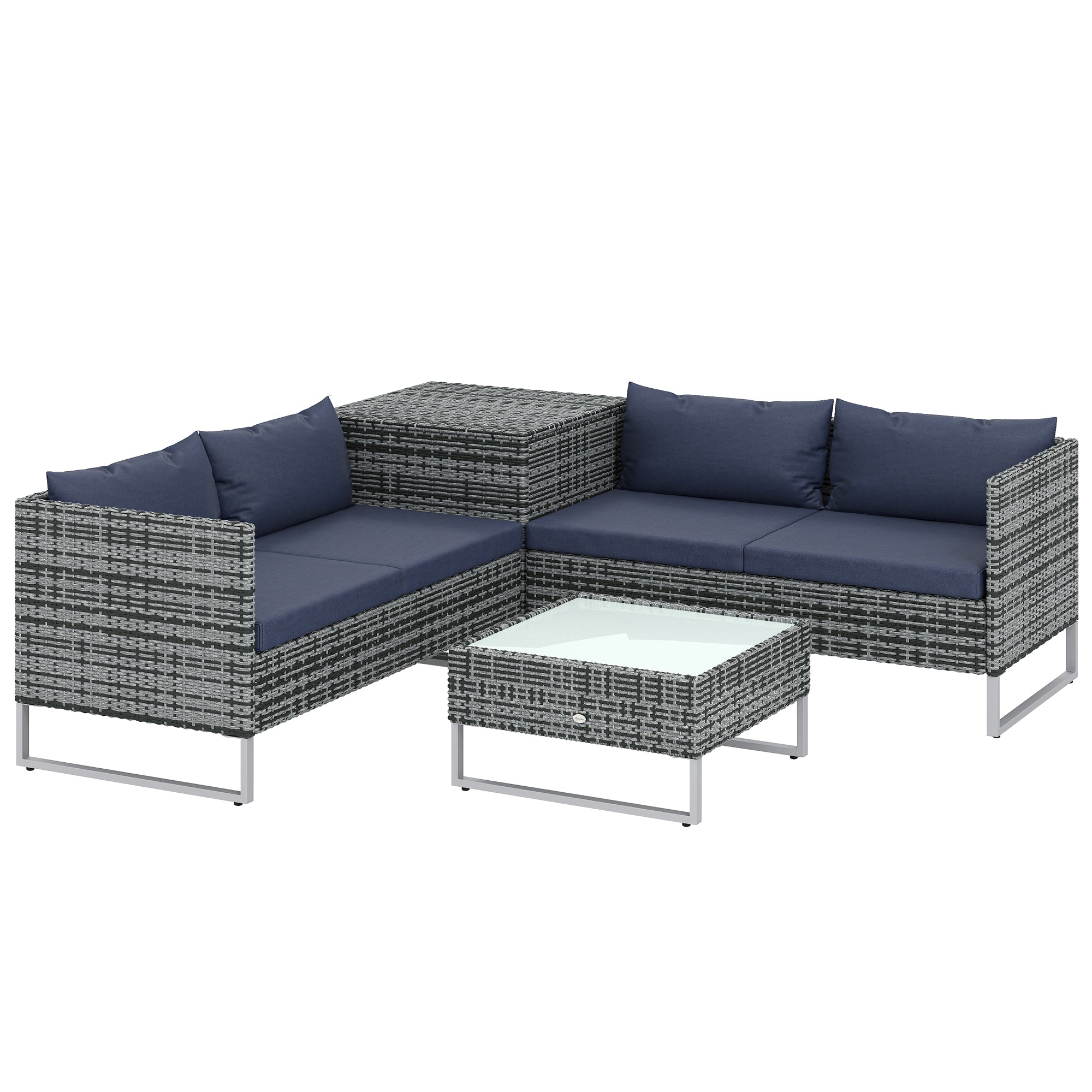 Outsunny 4 Piece Rattan Garden Furniture Set, Outdoor Corner Sofa Set with Storage Table, Loveseats, Cushions - Dark Blue