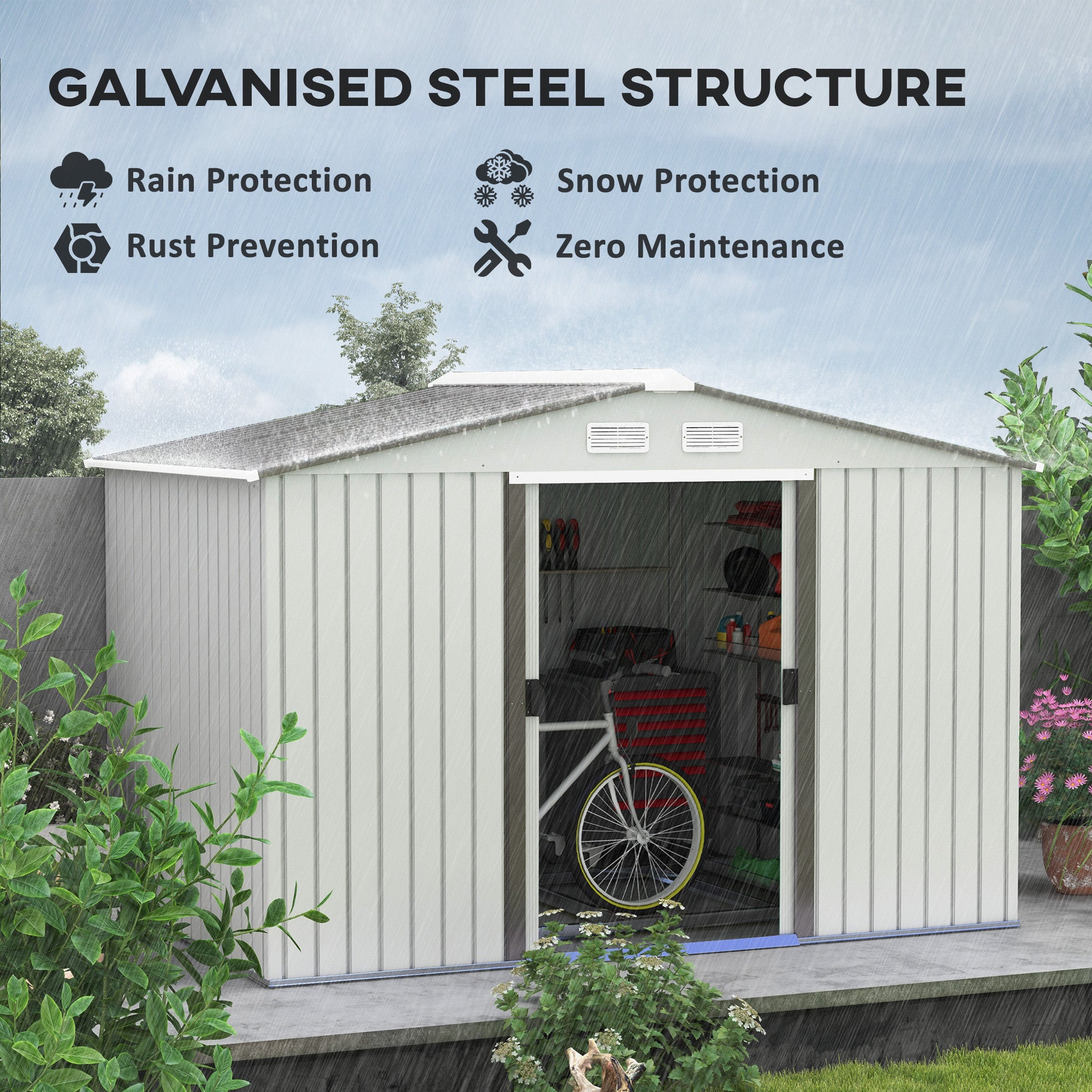 Outsunny Metal Bike Shed, Mobility Scooter Shed House with Foundation Kit, Ventilation, Doors, 9 x 6FT, Silver