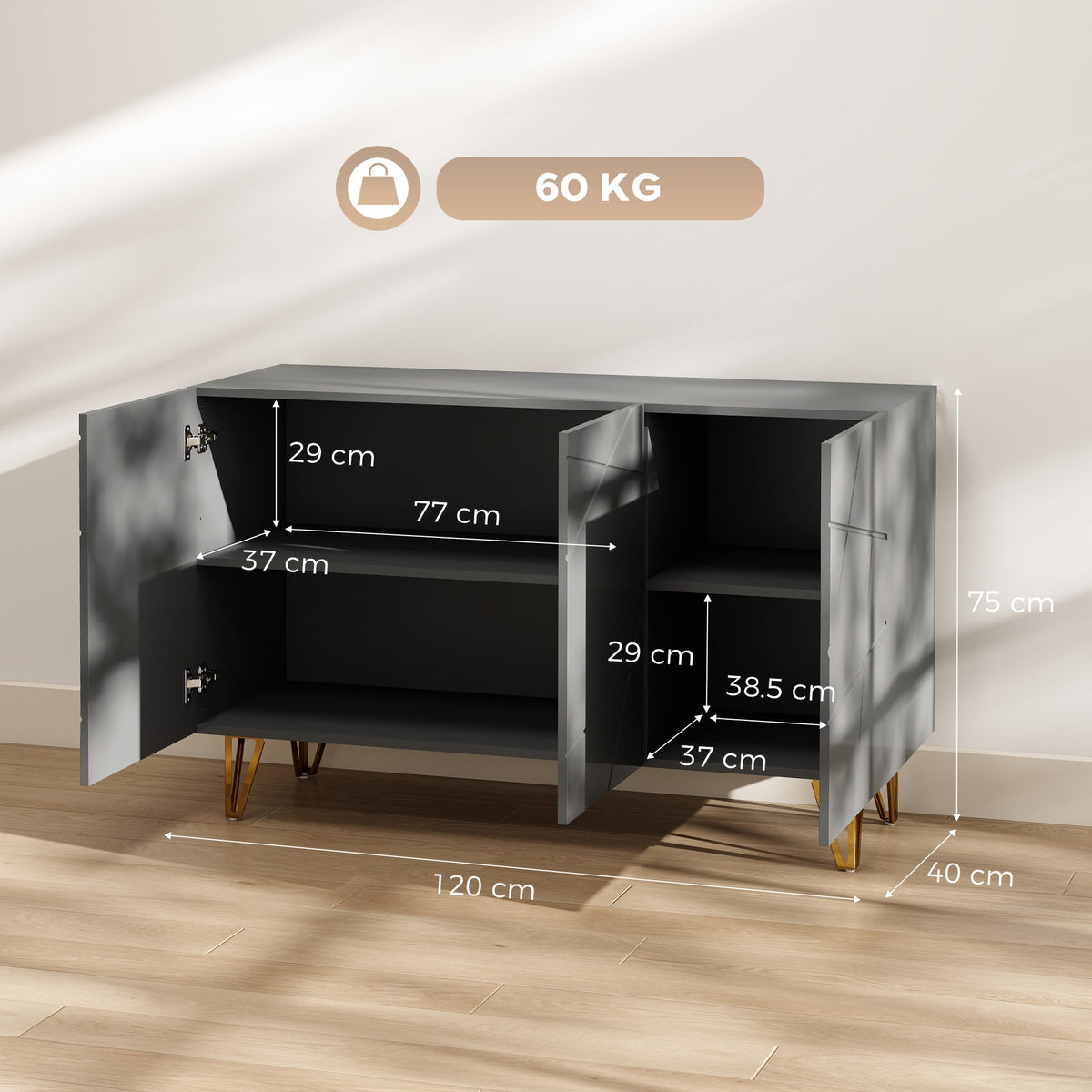 HOMCOM Modern Luxe High Gloss Sideboard, with Hairpin Legs, Grey