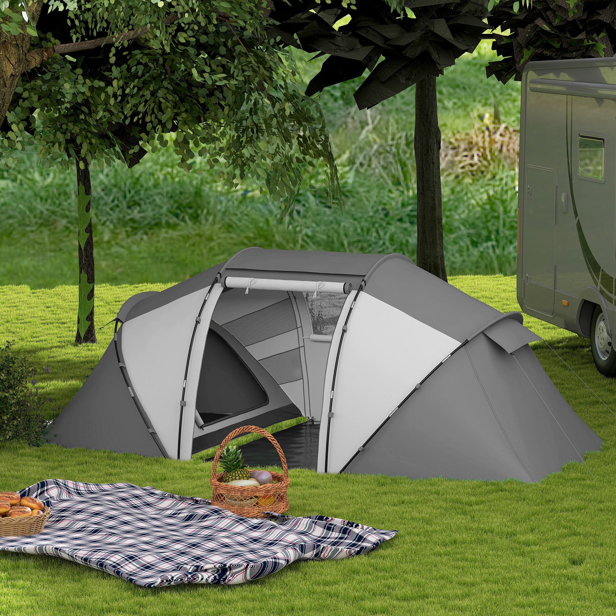 Outsunny 4-6 Man UV Protection Camping Tent - Charcoal Grey and White