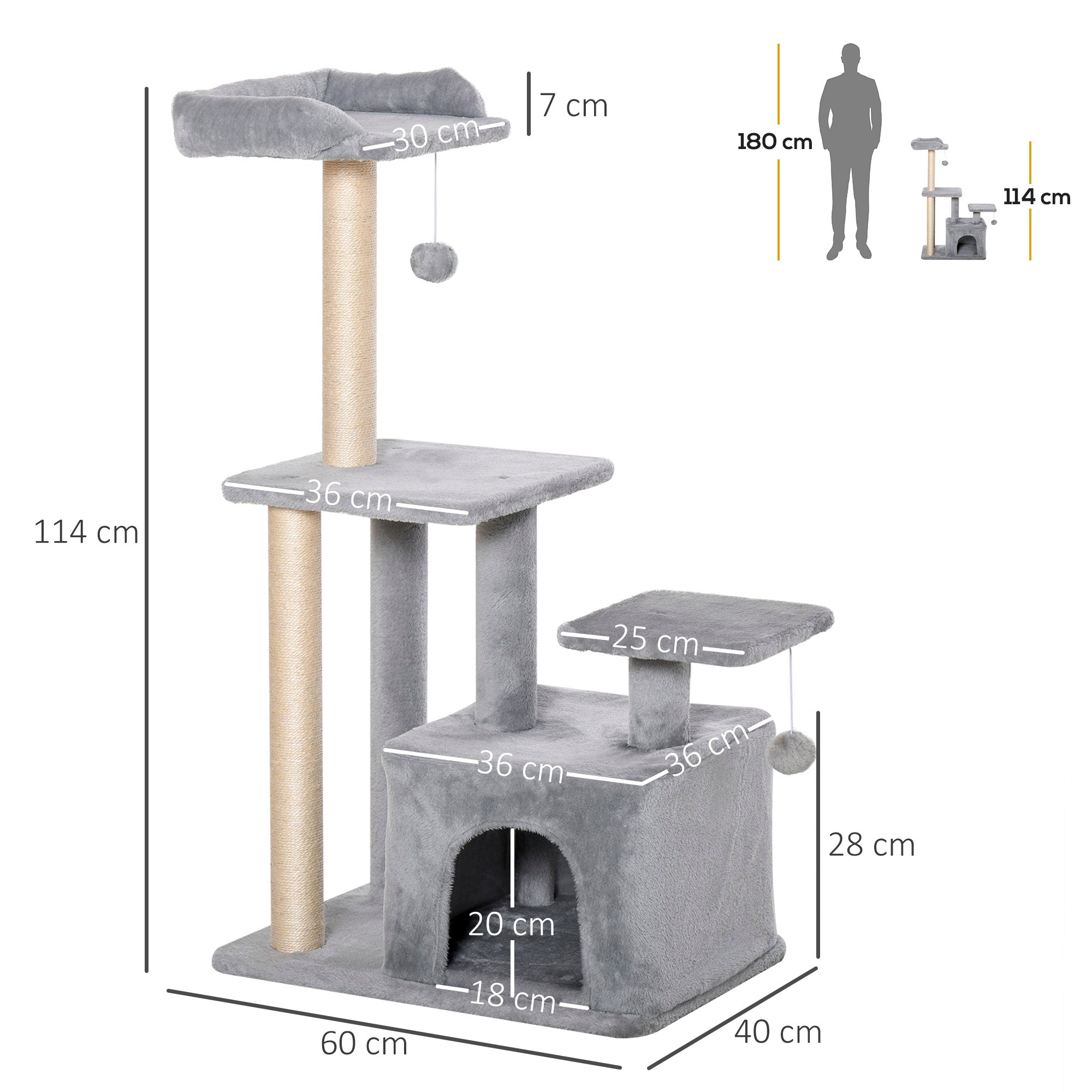 PawHut Cat Tree Tower for Indoor Cats 114cm Climbing Activity Centre Kitten with Sisal Scratching Post Perch Hanging Ball Condo Toy Light Grey