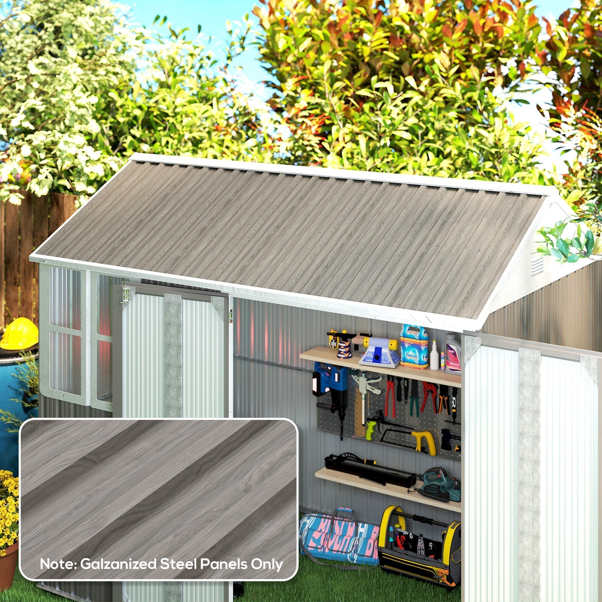 Outsunny Set of 12 Corrugated Steel Roof Sheet Panels - Grey Wood Effect