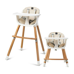 Dual Wooden Combination Modern Padded Highchair shown in both tall and short configurations