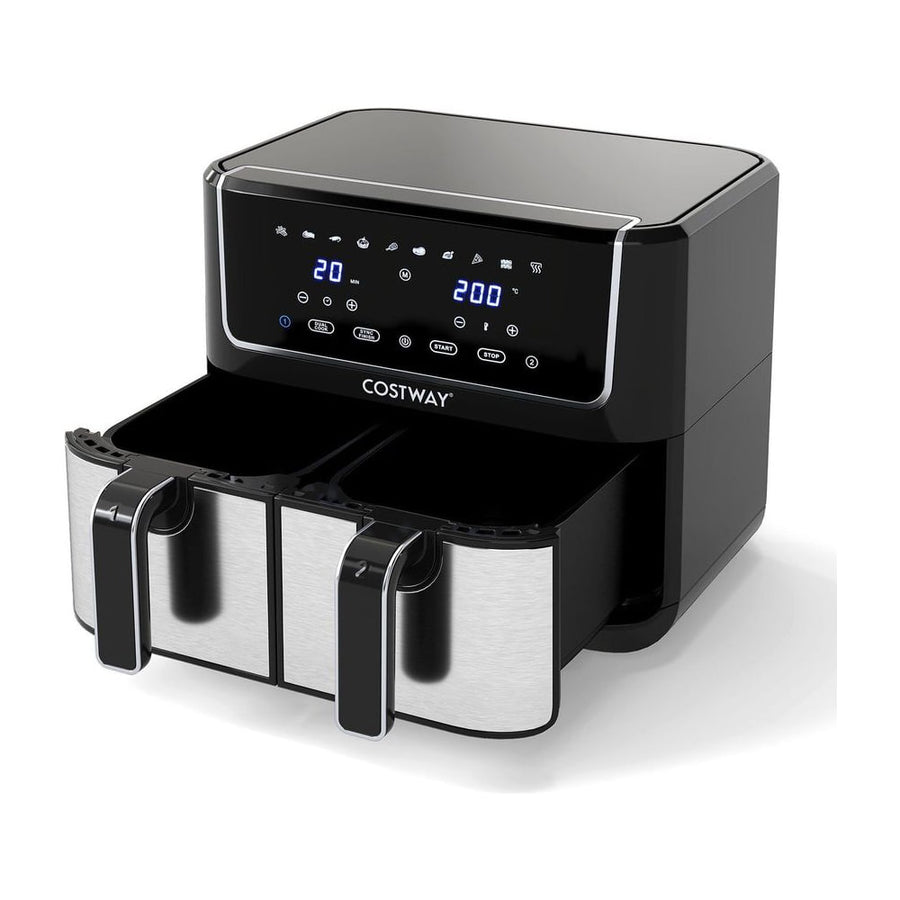 Dual-Zone Air Fryer with LED touchscreen panel and two silver drawers