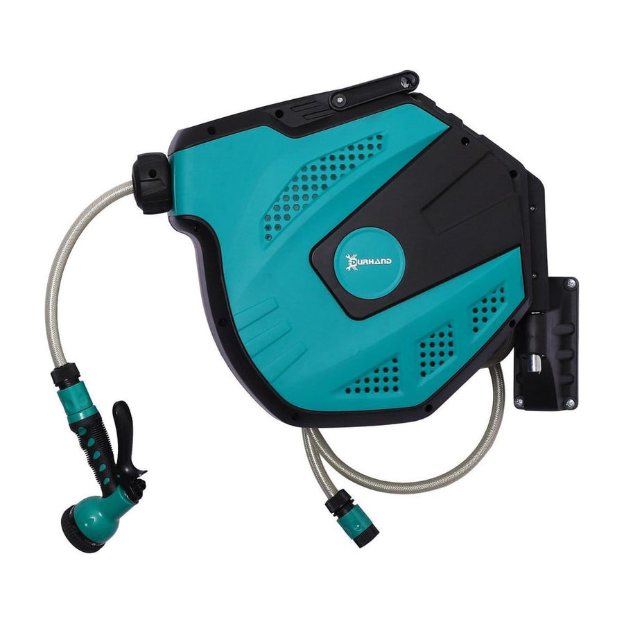 DURHAND 15m Garden Auto Hose Reel Wall Mounted Retractable 7 Patterns Spray Nozzle