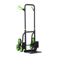 DURHAND Six-Wheel Folding Sack Barrow Trolley in black and green standing on a white background