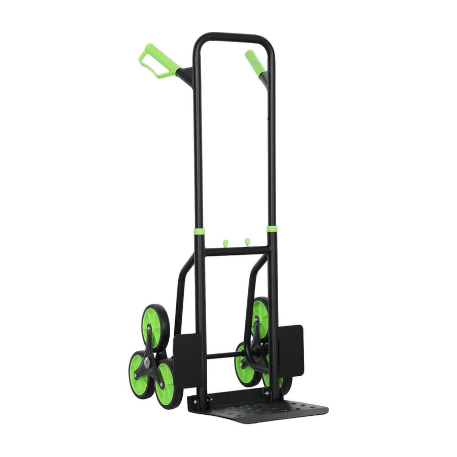 DURHAND Six-Wheel Folding Sack Barrow Trolley in black and green standing on a white background