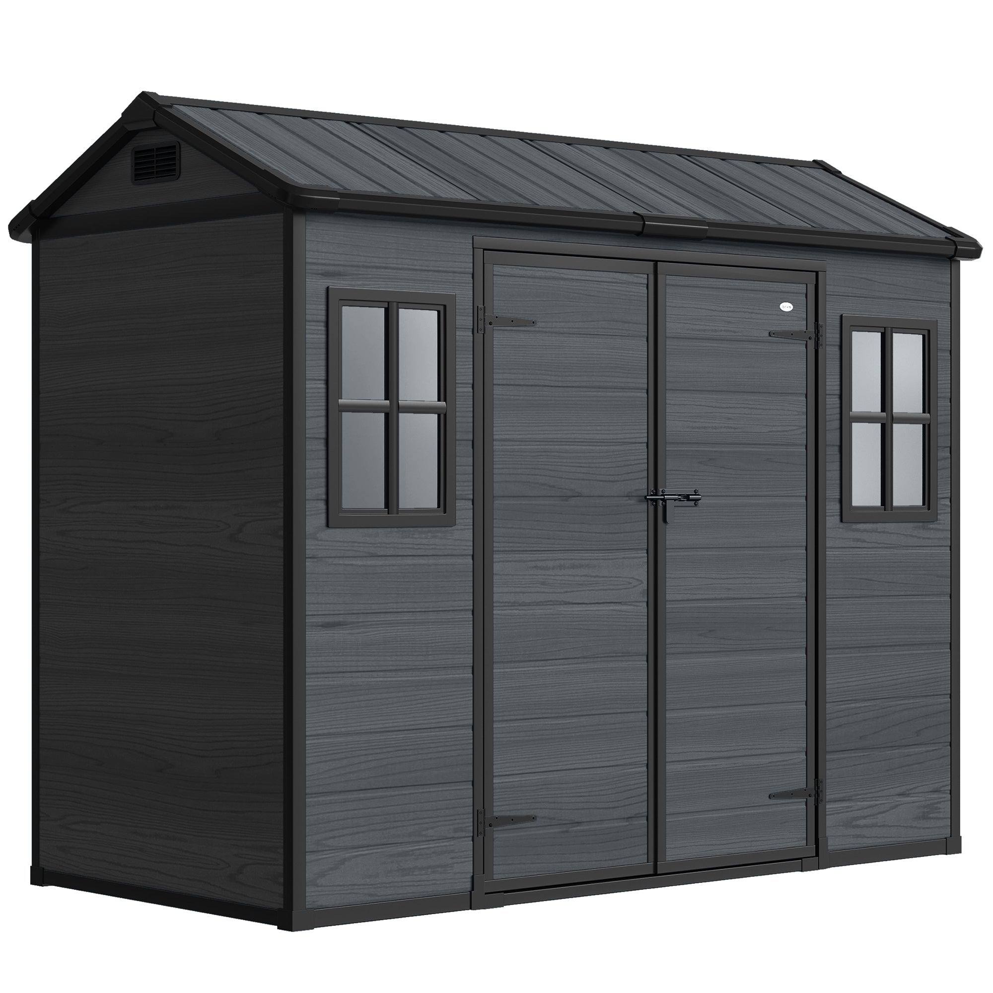 Outsunny 8 x 4 ft Resin Garden Shed, Wood-Effect Outdoor Storage Shed with Floor, Windows, Lockable Doors and Vents, Dark Grey
