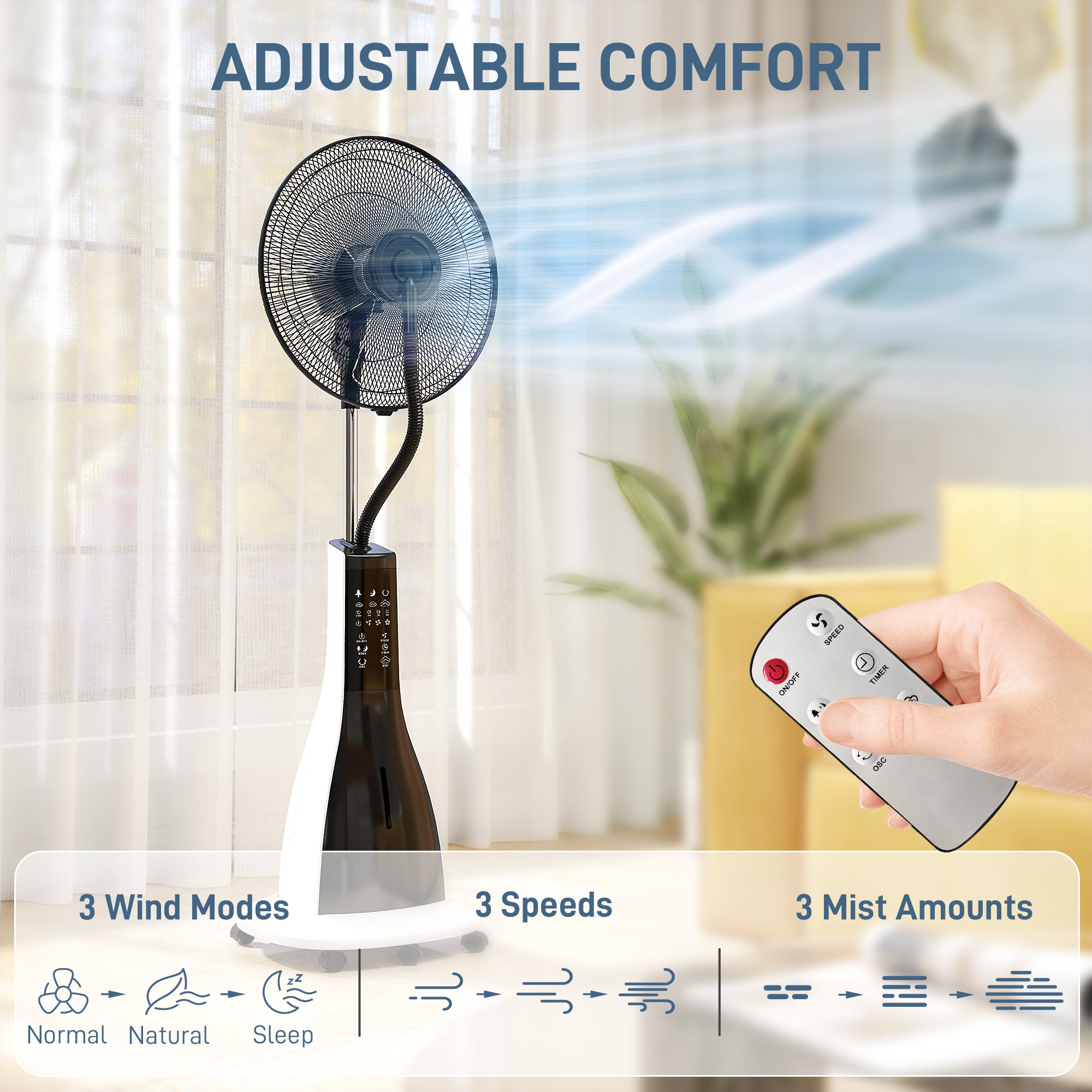 HOMCOM Pedestal Fan with Water Mist Spray, Spray Misting Fan with 75√Ç¬∞ Oscillation, Remote Control, Tilt Head, 3 Speeds, 3 Modes, 3 Mist, 3L Water Tank, Wheels, for Home, 125 cm