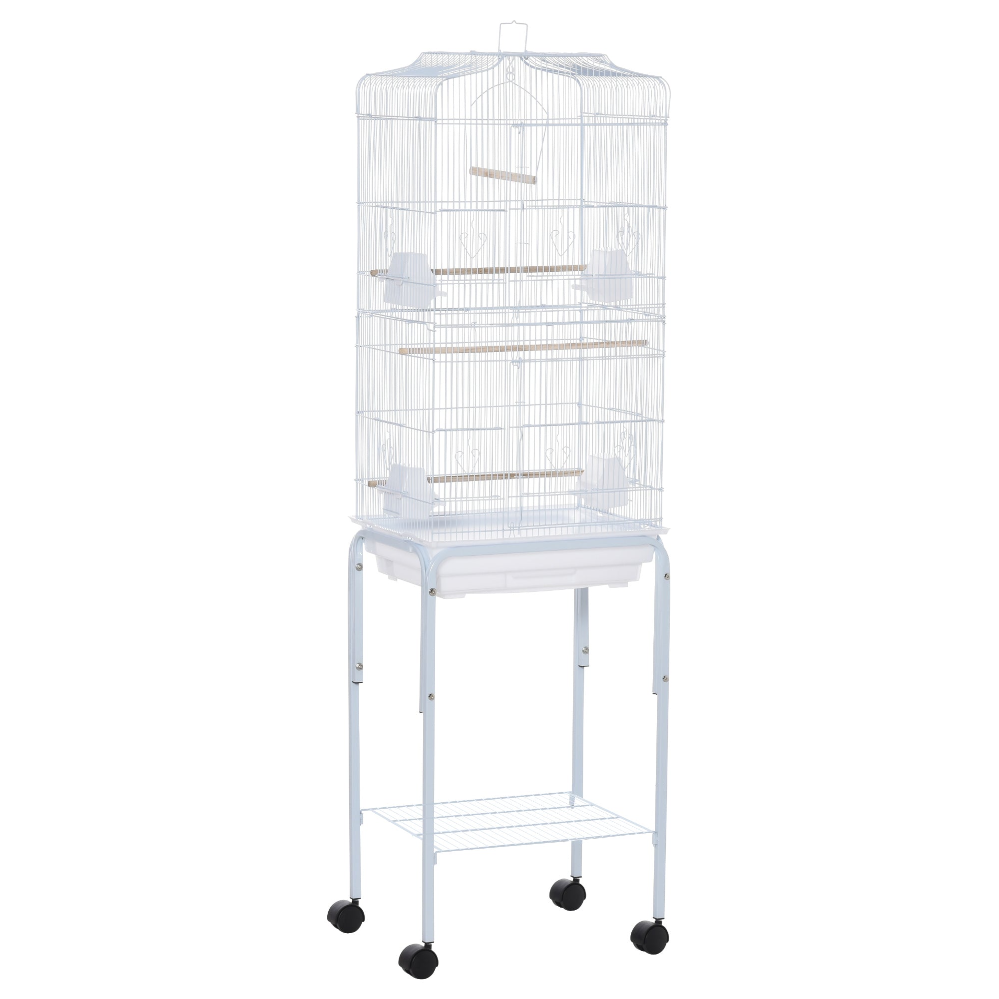 PawHut Bird Cage Budgie Cages for Finch Canary Parakeet with Stand Wheels Slide-out Tray Accessories Storage Shelf, White 46.5 x 36 x 157 cm