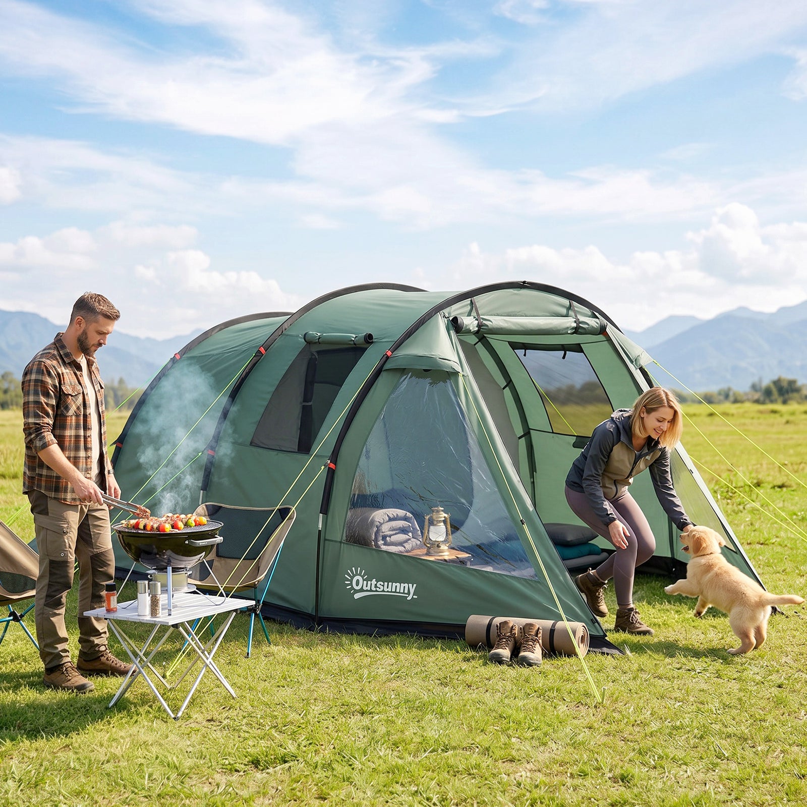 Outsunny Two Room Tunnel Tent Camping Tent for 3 Man with Windows, Covers, Carry Bag, for Fishing, Hiking, Sports, Green