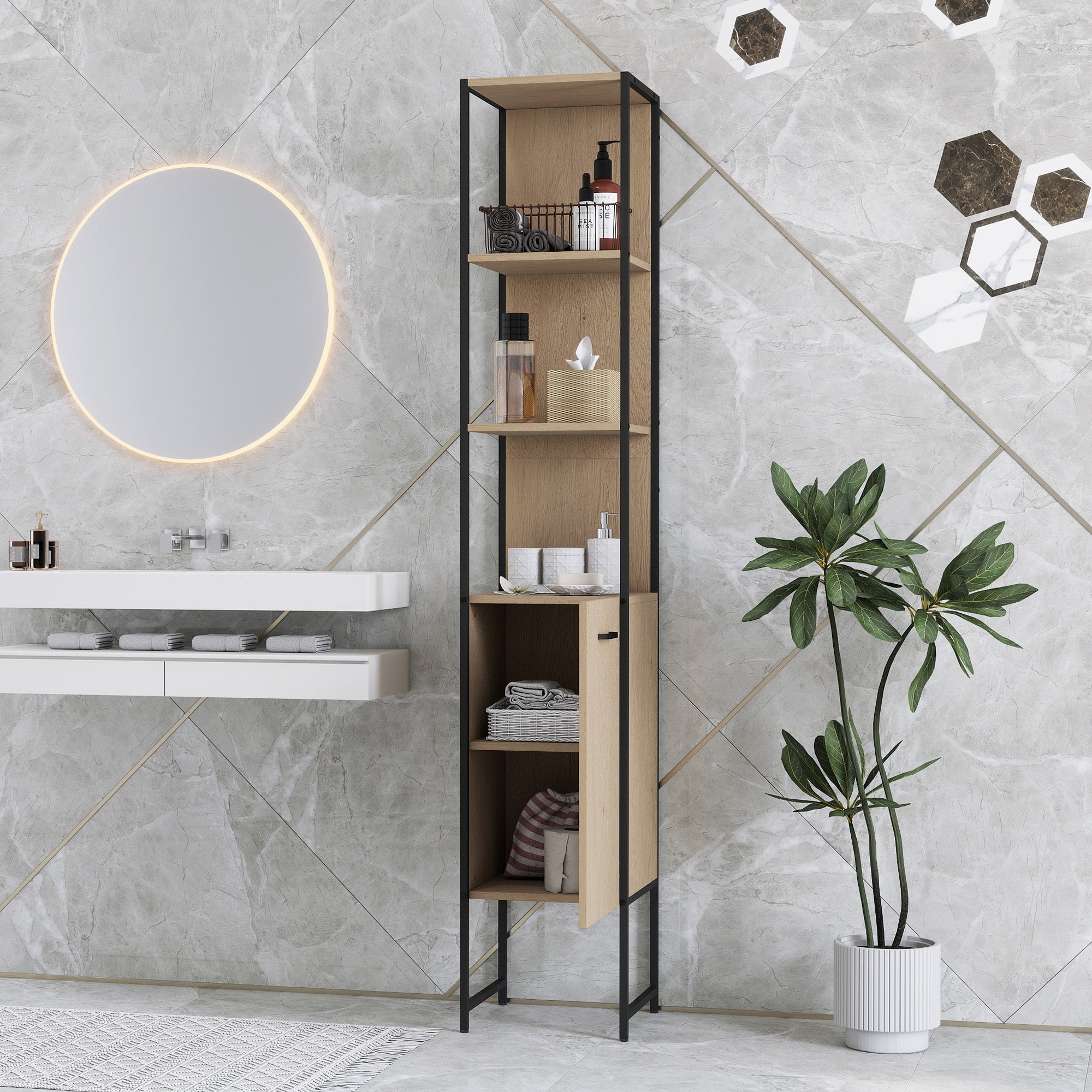 HOMCOM Tall Bathroom Cabinet with Open Shelves and Adjustable Shelf - Natural Wood Finish