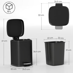 HOMCOM 12L Modern Boxy Metal Home Kitchen Bin - Black