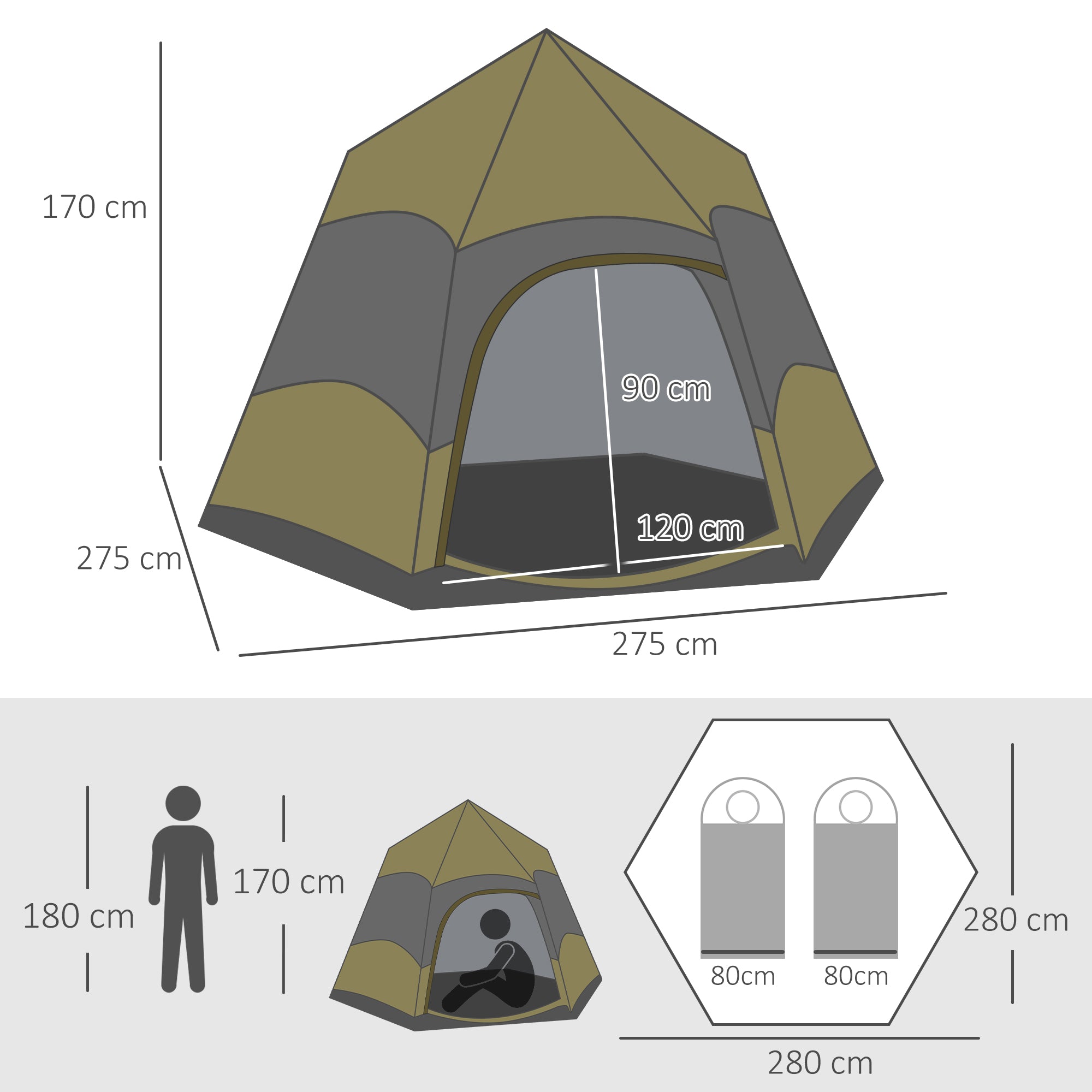 Outsunny Six Man Hexagon Camping Tent with Hang Hook and Carry Bag - Dark Green and Light Grey