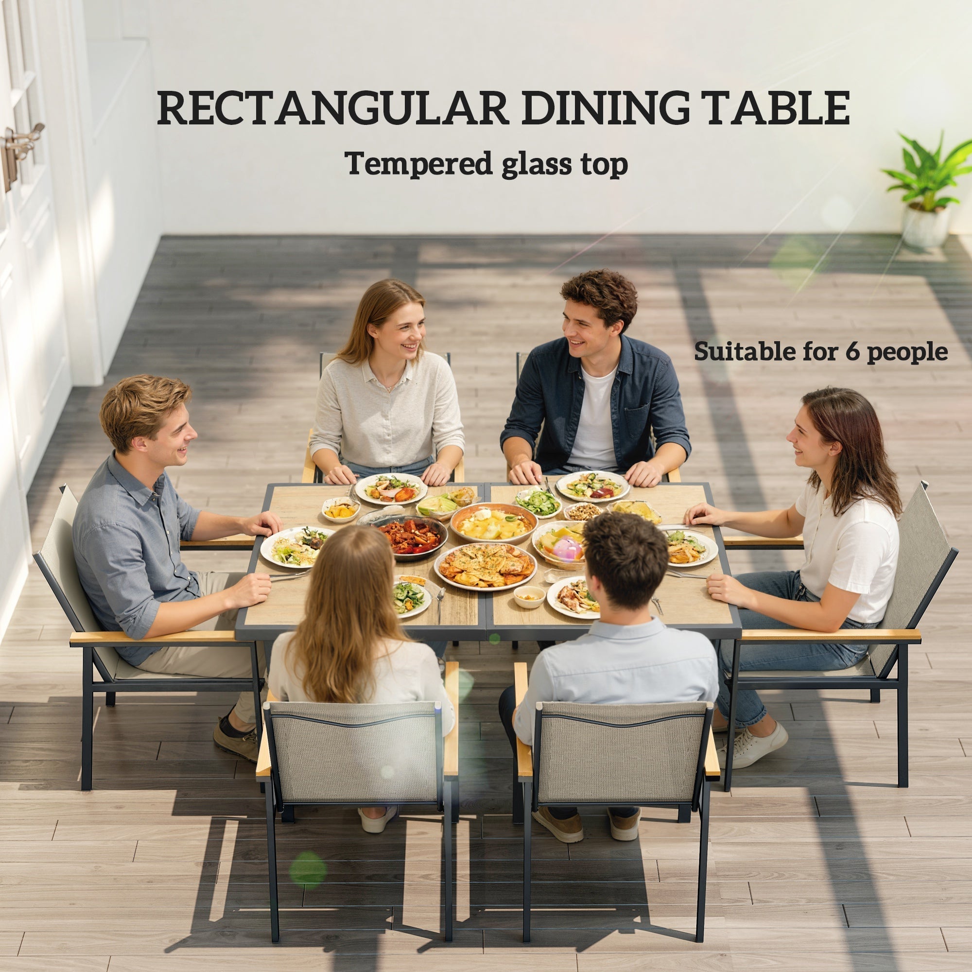 Outsunny Seven-Piece Metal Garden Dining Set, with Glass-Top Table - Khaki