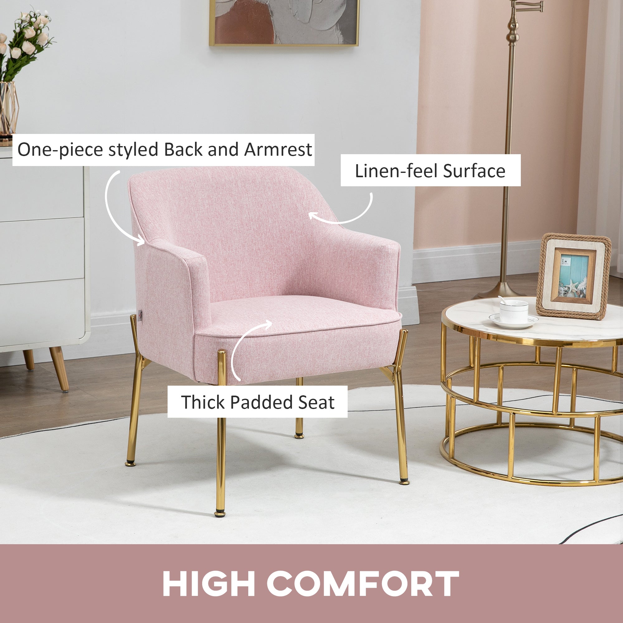 HOMCOM Accent Chair, Living Room Armchair, Vanity Chair with Gold Plating Metal Legs and Soft Padded Seat for Bedroom and Caf√É¬©, Set of 2, Pink