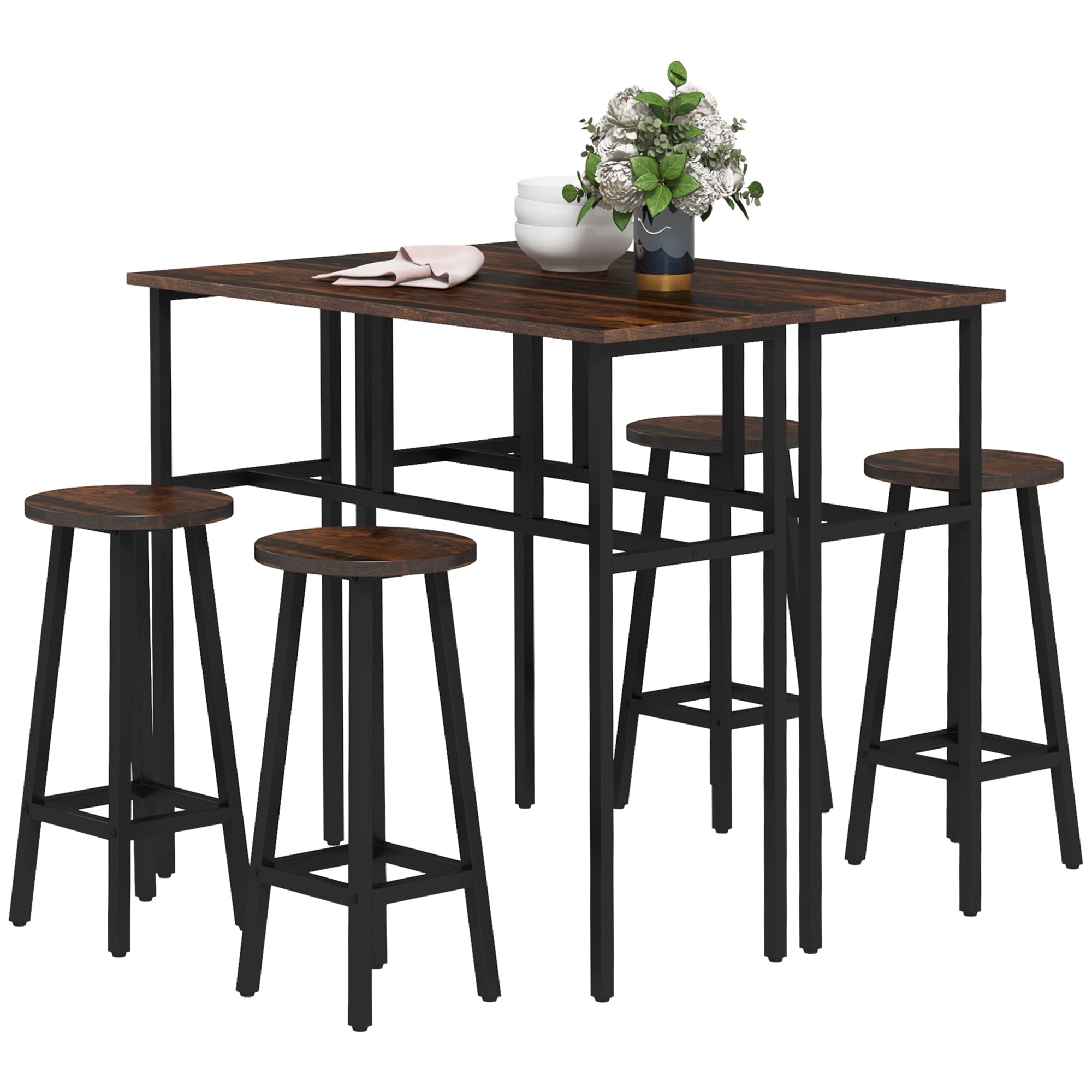 HOMCOM 6-Piece Bar Table Set, Counter Height Kitchen Dining Set with 2 High Tables & 4 Stools, Space Saving Compact Bar Furniture for Small Kitchens and Flats, Multiple Arrangements, Rustic Brown