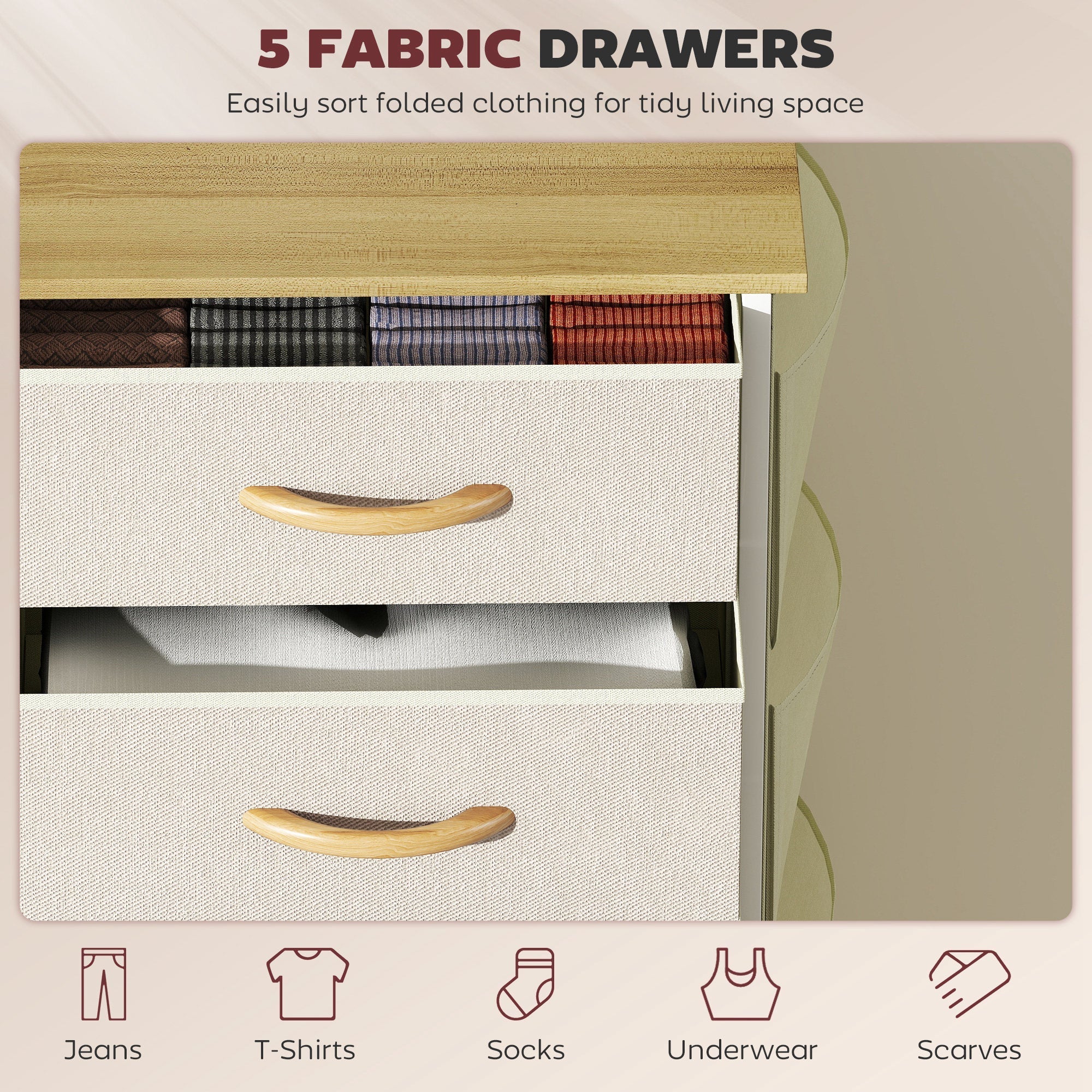 HOMCOM Chest of Five Fabric Drawers - Beige