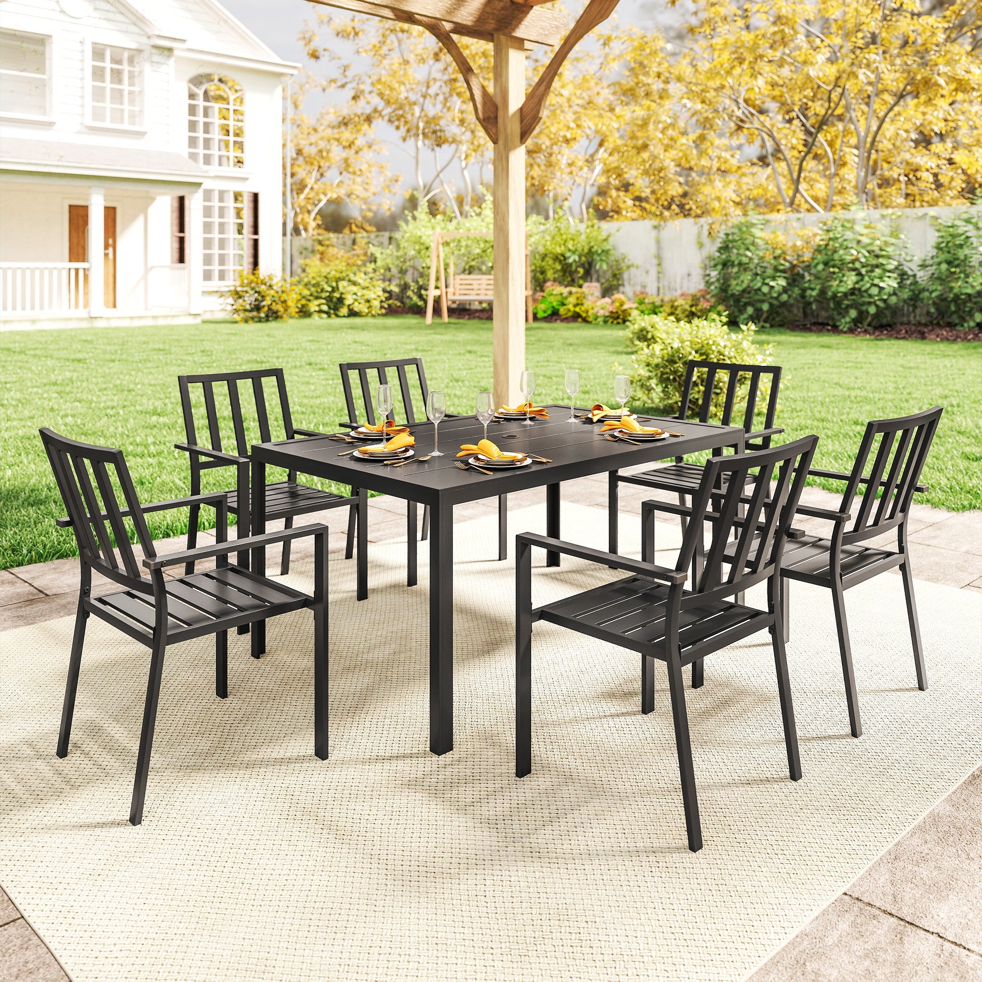 Outsunny Seven-Piece Minimal Metal Garden Dining Set, with Parasol Hole - Black