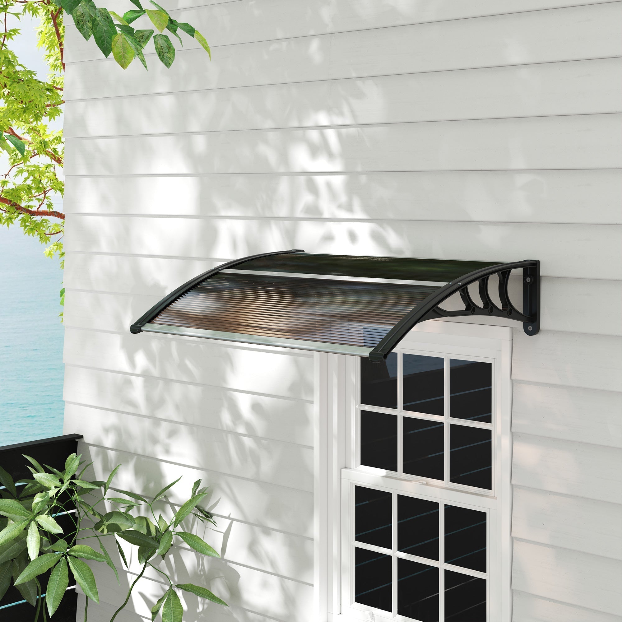 Outsunny Front Door Canopy Outdoor Awning Aluminium Rigid Plastic Polycarbonate Rain Shelter UV Water Rain Resistant 120 x 75cm Brown