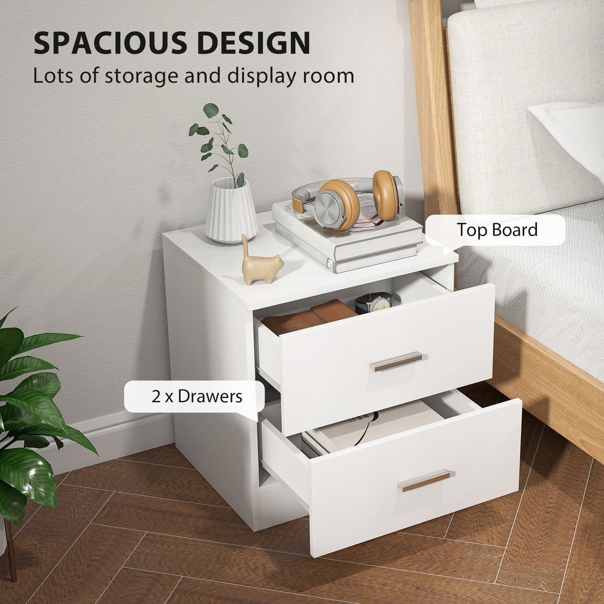 HOMCOM Set of 2 Modern Nightstands, Bedside Tables with 2 Storage Drawers, Accent End Table for Bedroom and Living Room, White
