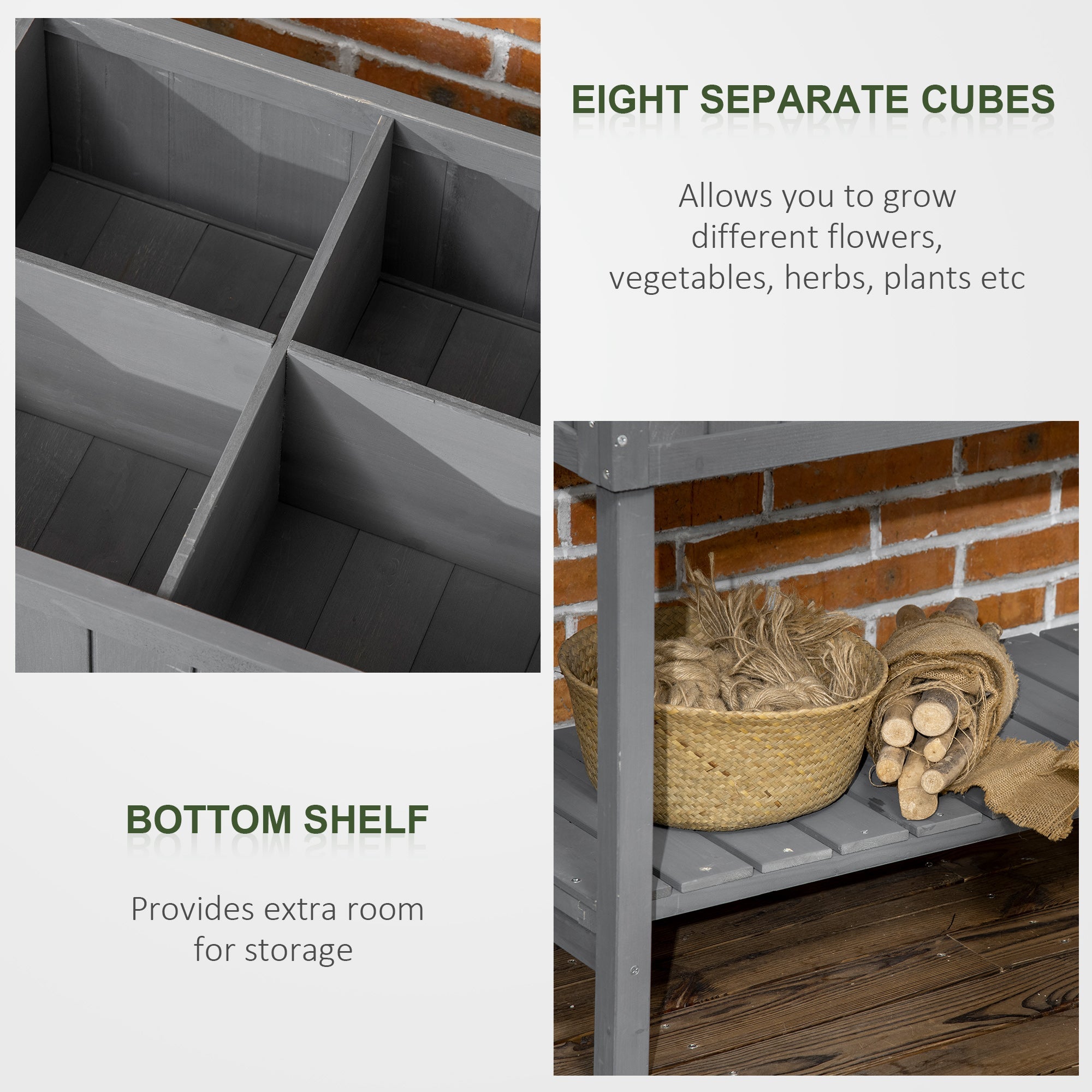 Outsunny Fir Wood Raised Rectangular 8 Compartment Plant Stand Dark Grey