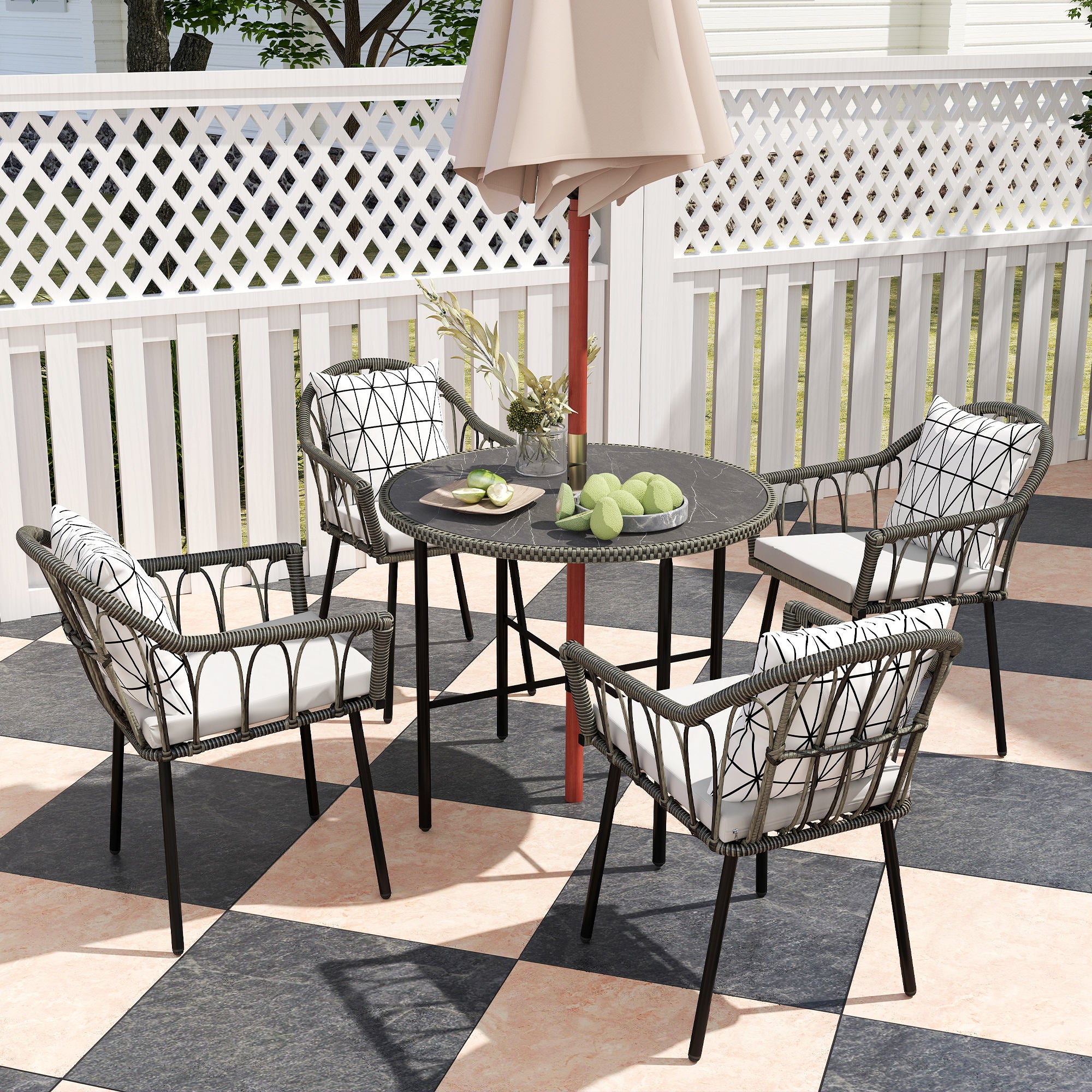 Outsunny 5 Piece Patio Rattan Dining Set, Wicker Garden Table and Chairs w/ Removable Seat & Back Cushions, Round Tempered Glass Tabletop, Parasol Hole, Outdoor Furniture Conservatory Set, Grey
