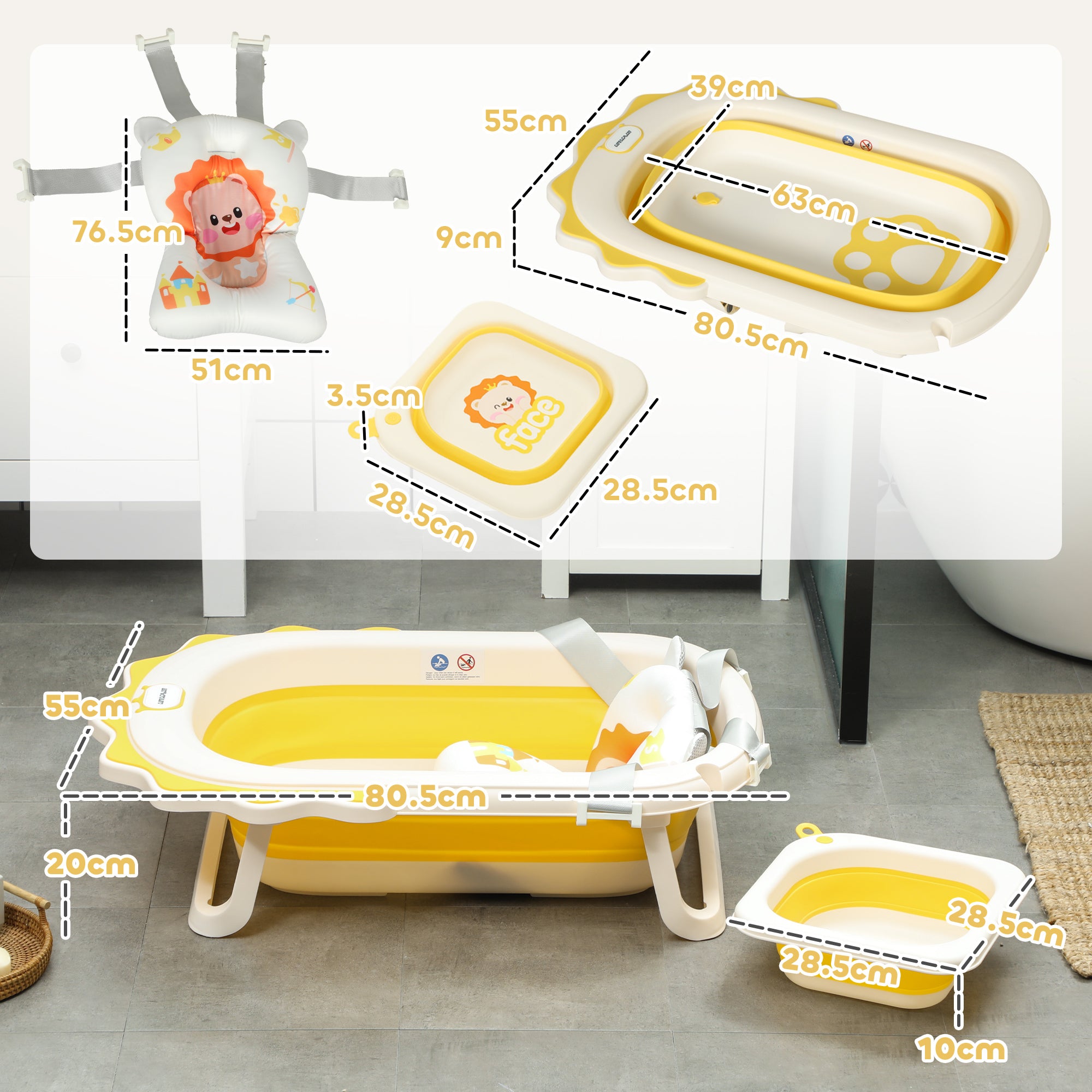 AIYAPLAY Foldable Baby Bath Tub Set with Bath Cushion, Wash Basin, Non-Slip Stand, Bottom, Yellow