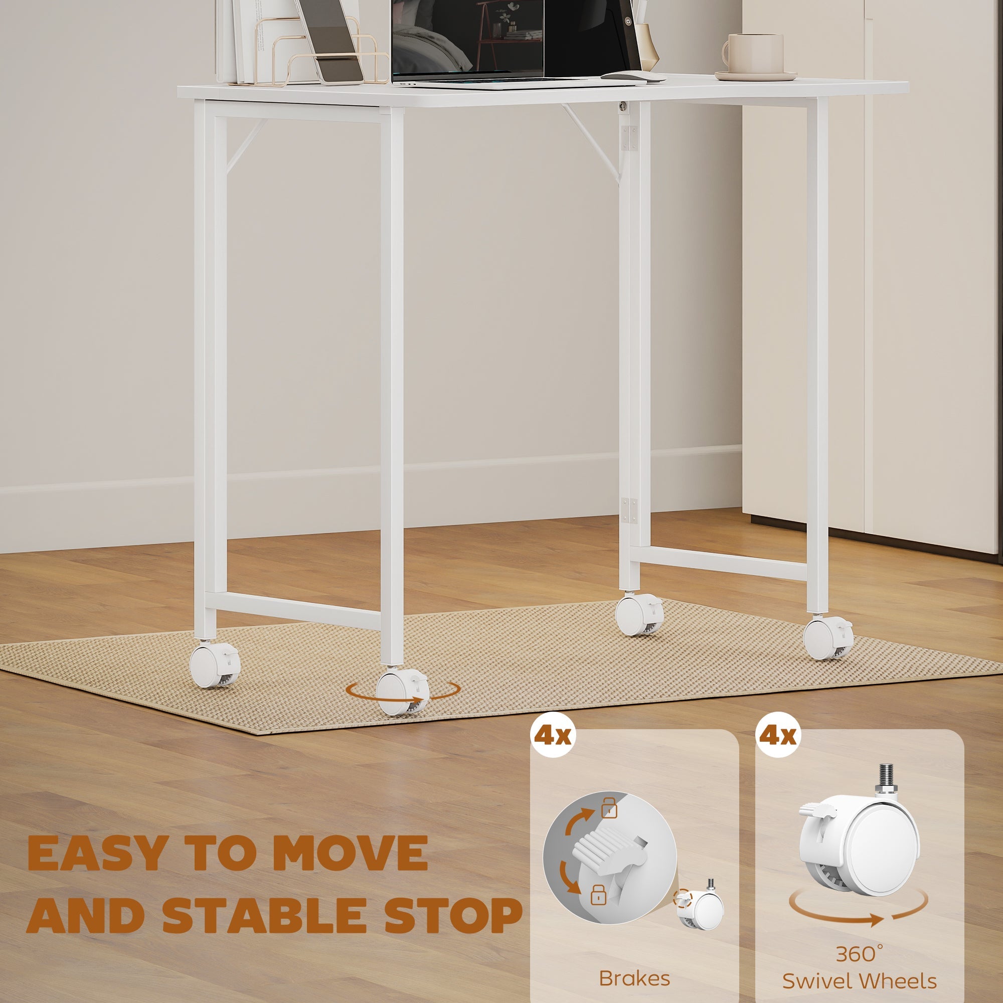 HOMCOM Small Folding Desk, with Wheels - White Wood-Effect