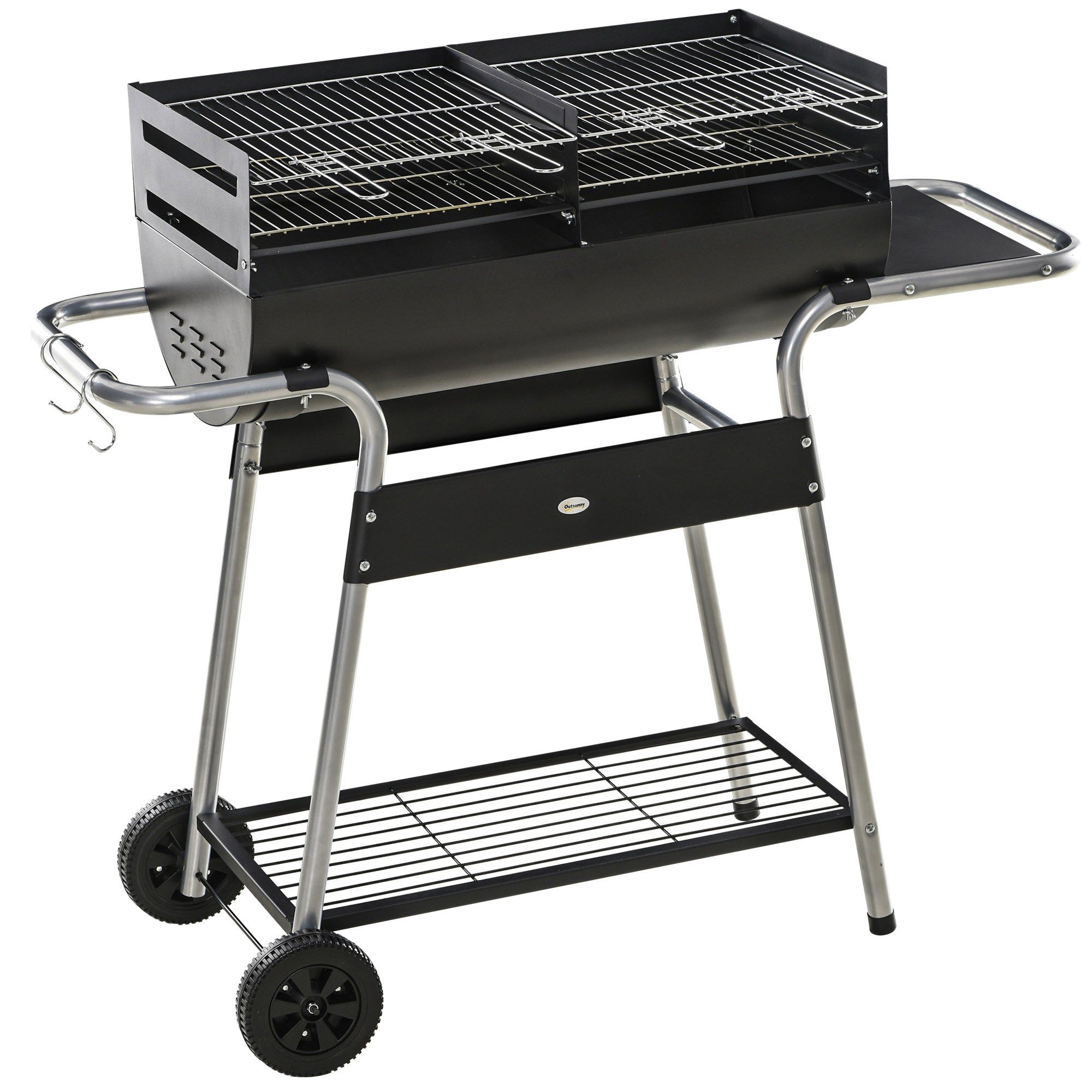 Outsunny Charcoal Barbecue Grill BBQ Trolley with Double Grill, Adjustable Grill Height, Side Table, Storage Shelf, and Wheels for Outdoor Cooking, 130 x 51 x 111cm, Black