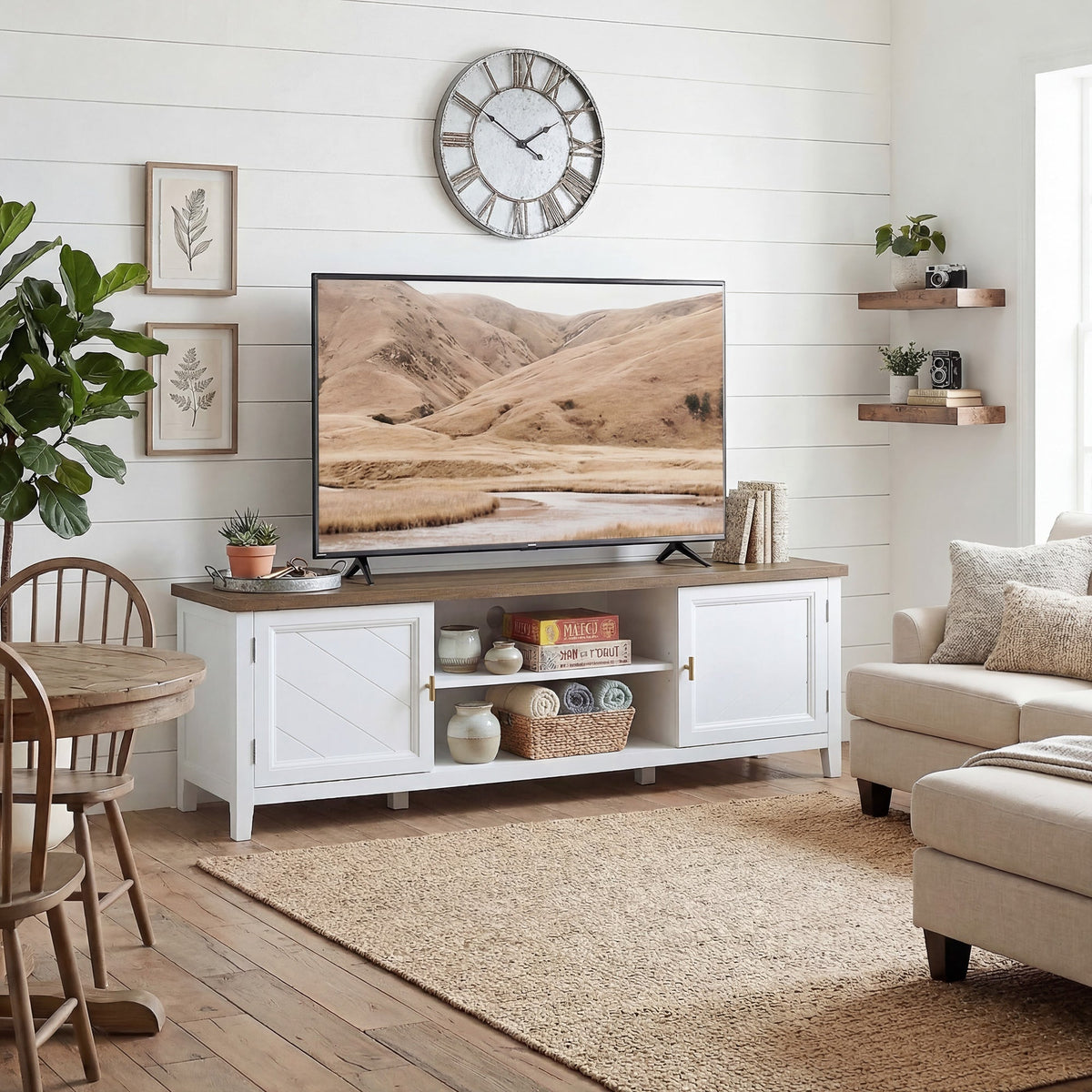 HOMCOM TV Stand for TVs up to 42 Inch, Farmhouse Entertainment Center with 2 Open Shelves, 2 Cabinets and Thick Top