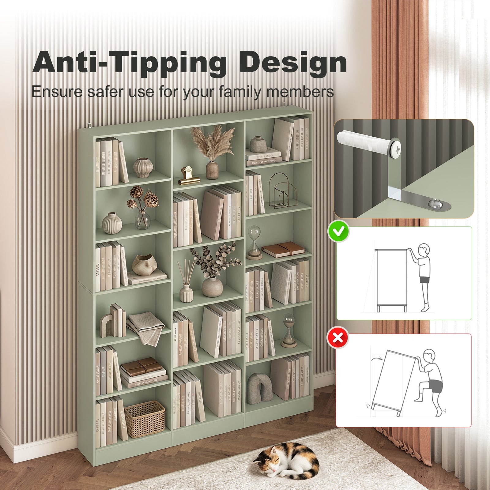 HOMCOM Bookcase with Open Storage, 6-Tier Bookshelf with Anti-Tipping Hardware, Light Green