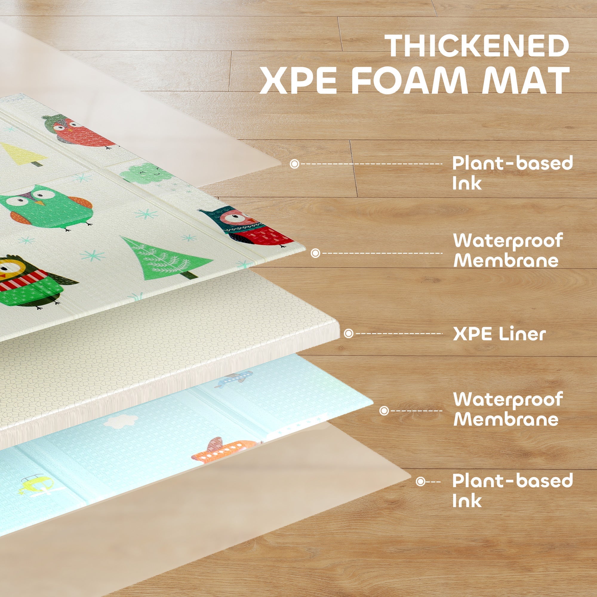 AIYAPLAY Foldable Baby Plat Mat Double Sided, Kids Floor Mat for Crawling, 200L x 150W cm, Car track and Owl Theme