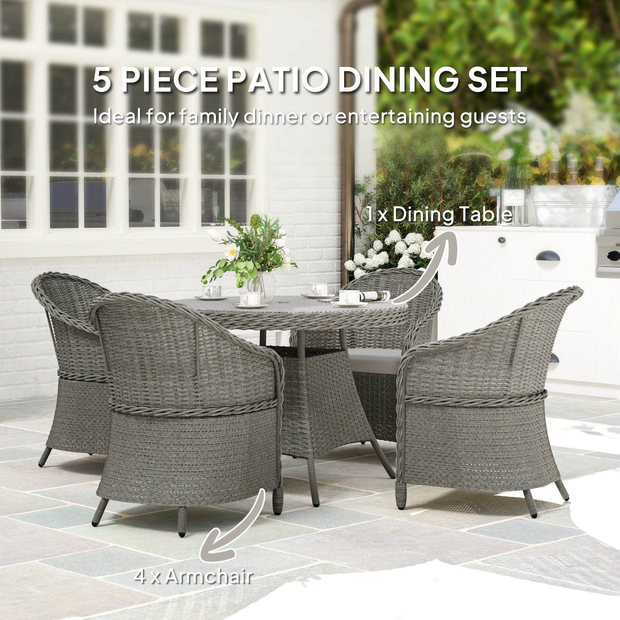 Outsunny 4 Seater Rattan Garden Furniture Set with Cushions, Round PE Rattan Dining Set with Glass-Top Table, Umbrella Hole, Outdoor Garden Table and Chairs, Grey