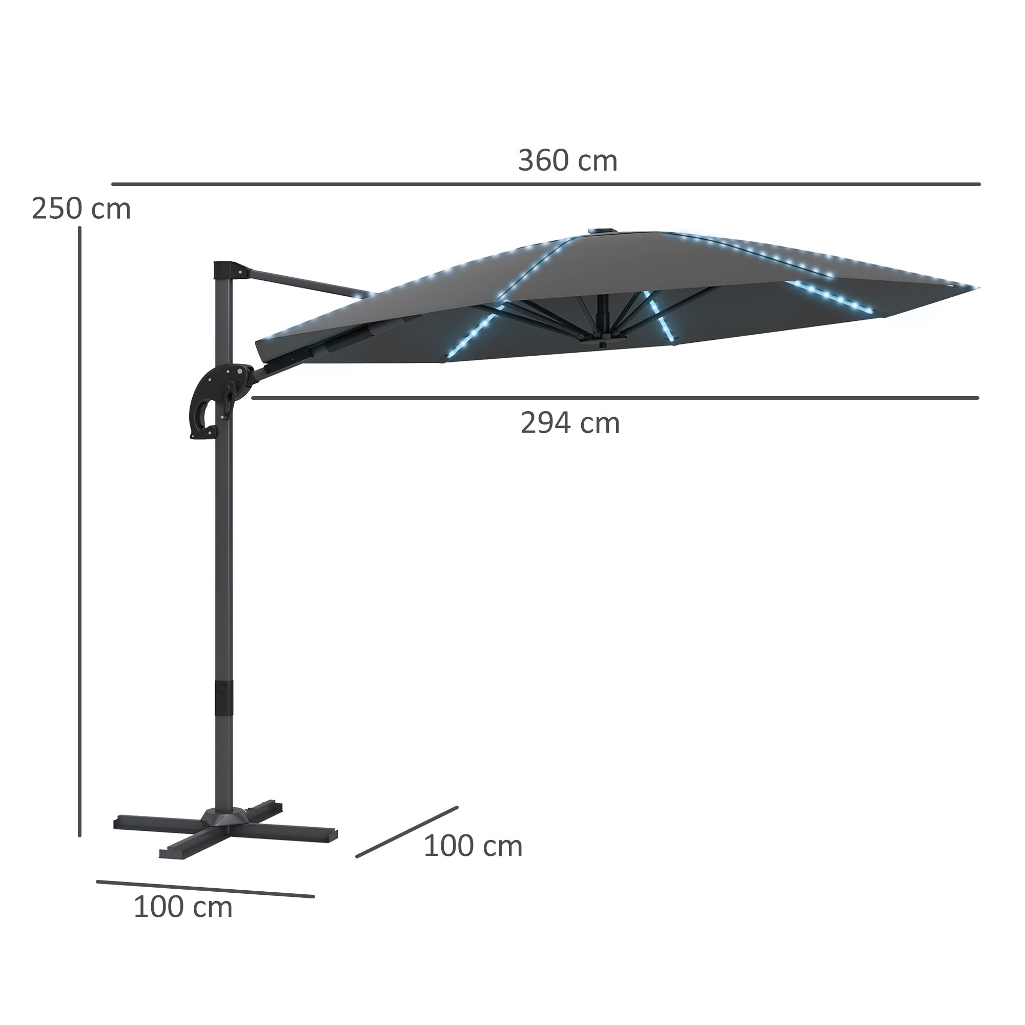Outsunny 3(m) Cantilever Garden Parasol with Solar Powered Lights, Crank Handle & Cross Base, UPF 50+, 360√Ç¬∞ Rotation, Dark Grey