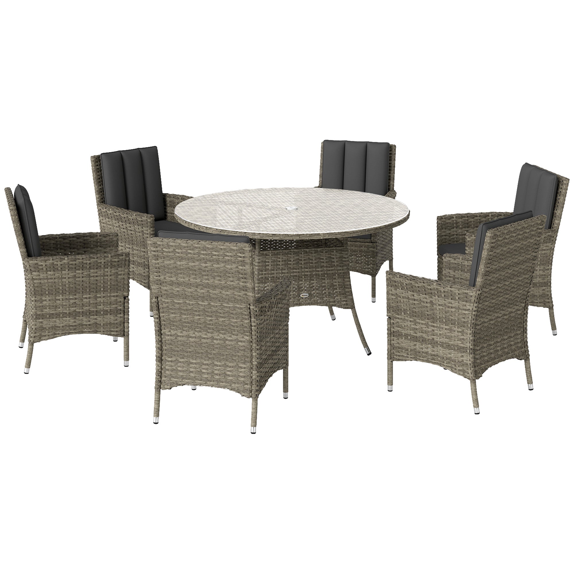 Outsunny Seven-Piece Rattan Dining Table, with Round Glass-Top Table - Light Grey