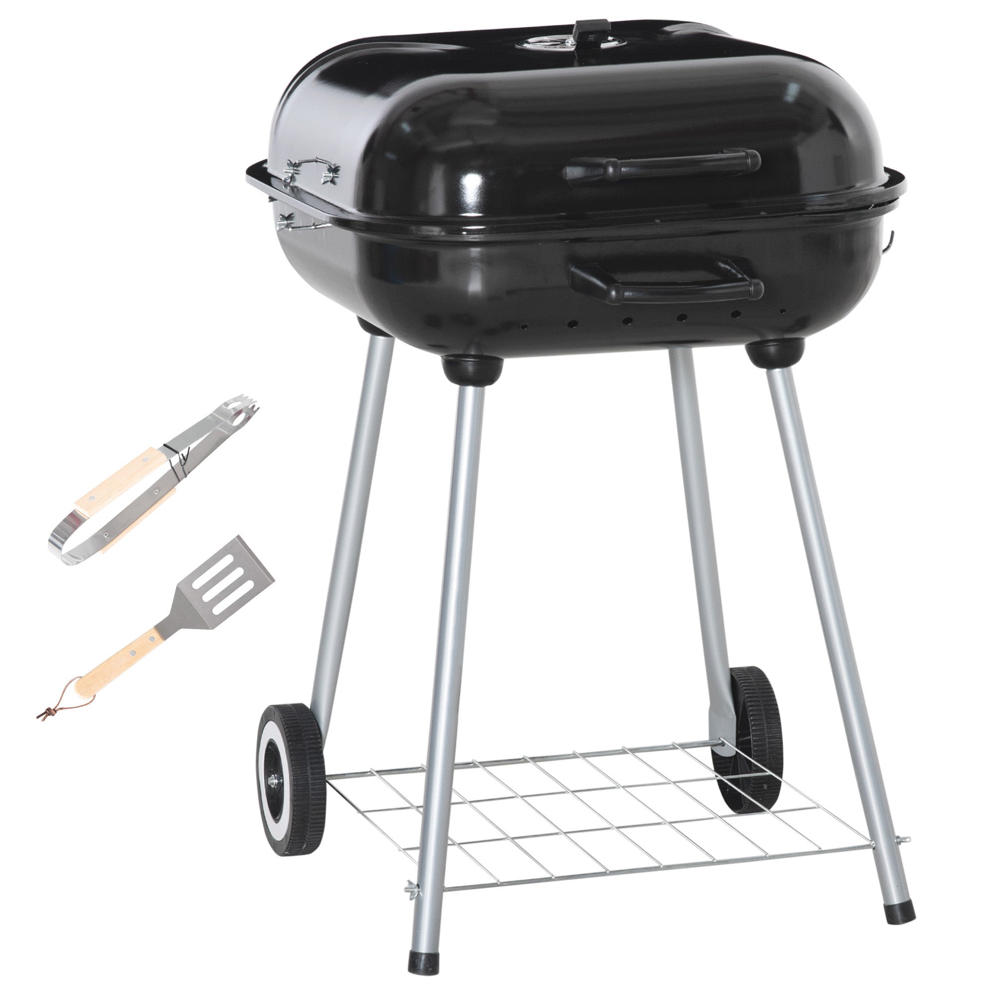 Outsunny Portable BBQ Charcoal Grill with 2 Wheels and Cooking Utensils, Smoker Grill with Lid for Outdoor Barbecues, Camping, Picnic, Courtyard