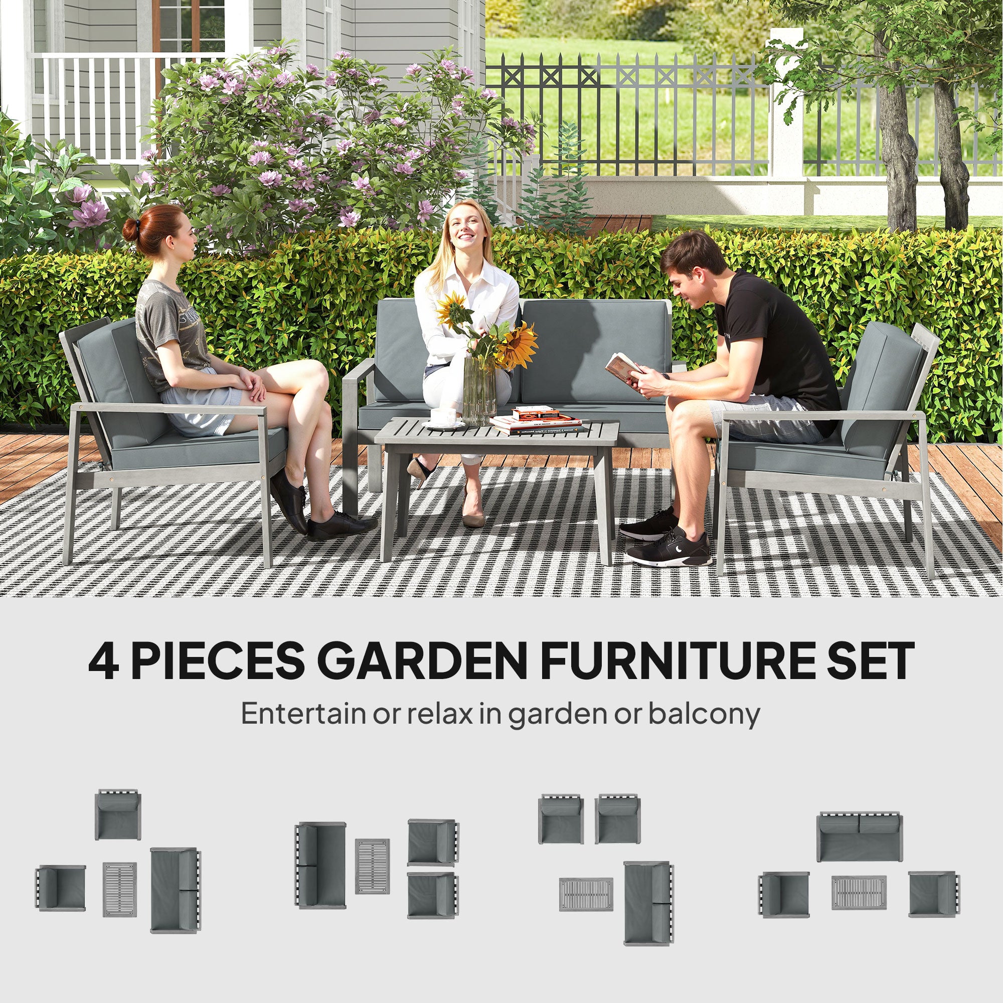 Outsunny 4-Piece Wooden Garden Furniture Set with Cushions - Light Grey