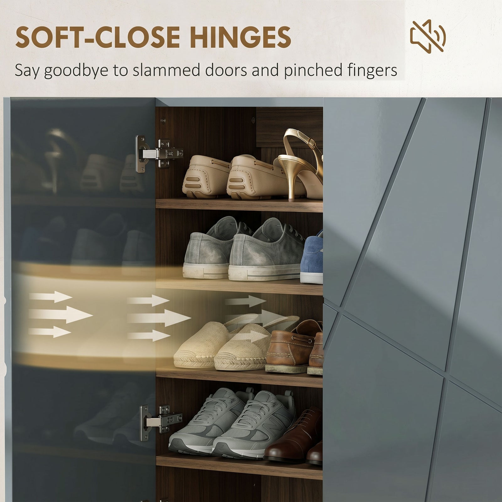 HOMCOM Narrow Shoe Storage Cabinet with Soft-Close Hinges and Adjustable Shelves for 15-20 Pairs of Shoes, Grey