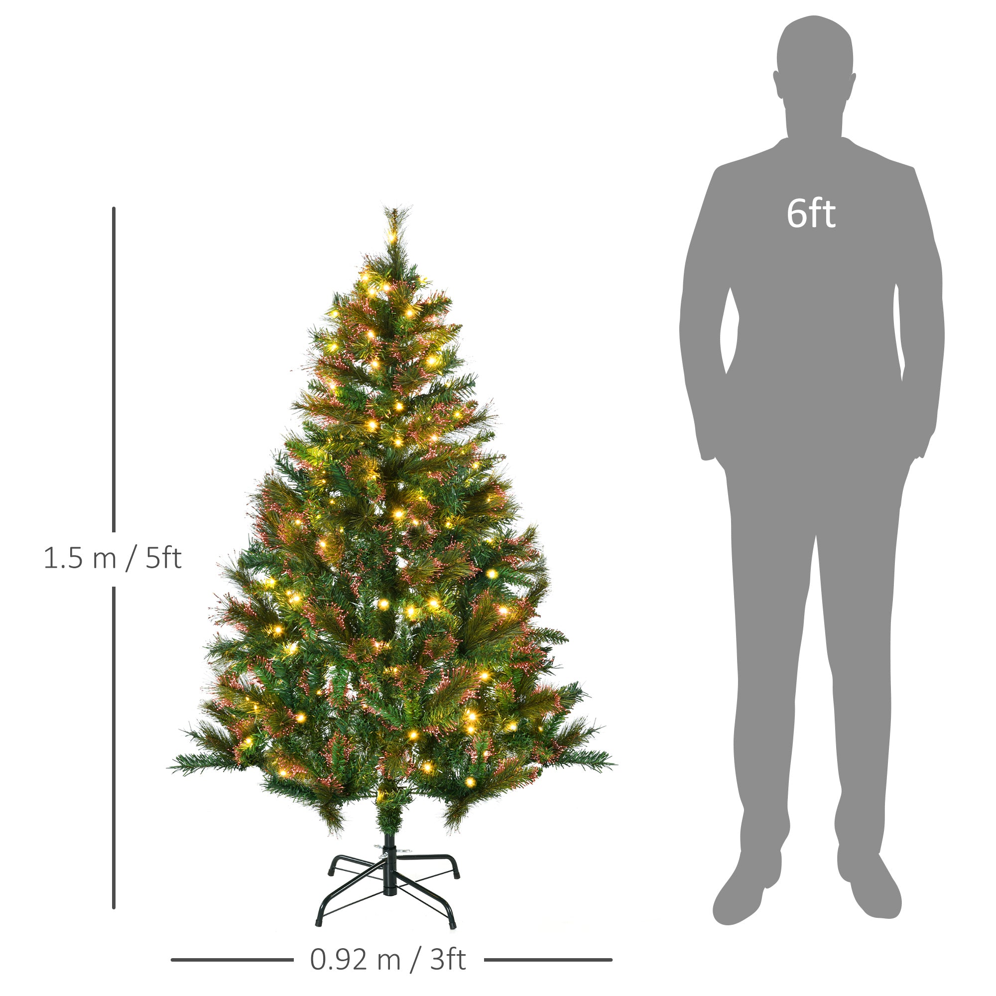 HOMCOM 1.5m 5ft Pre-Lit Christmas Tree Artificial Spruce Xmas Tree Warm White LED Holiday D√É¬©cor with Metal Stand