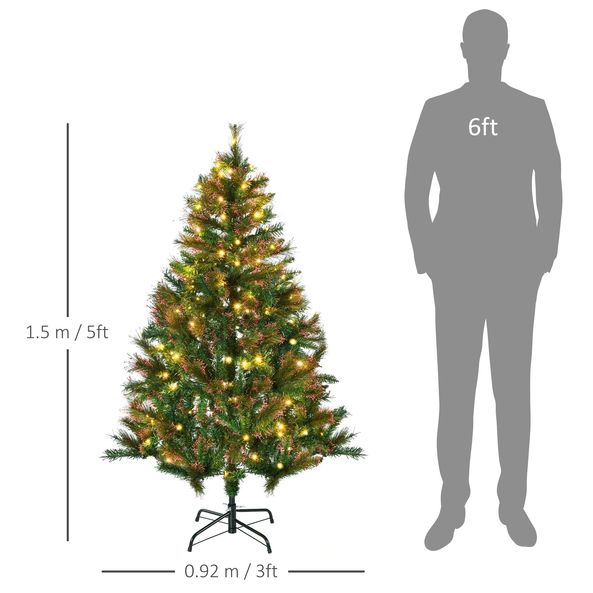HOMCOM 1.5m 5ft Pre-Lit Christmas Tree Artificial Spruce Xmas Tree Warm White LED Holiday Decor with Metal Stand