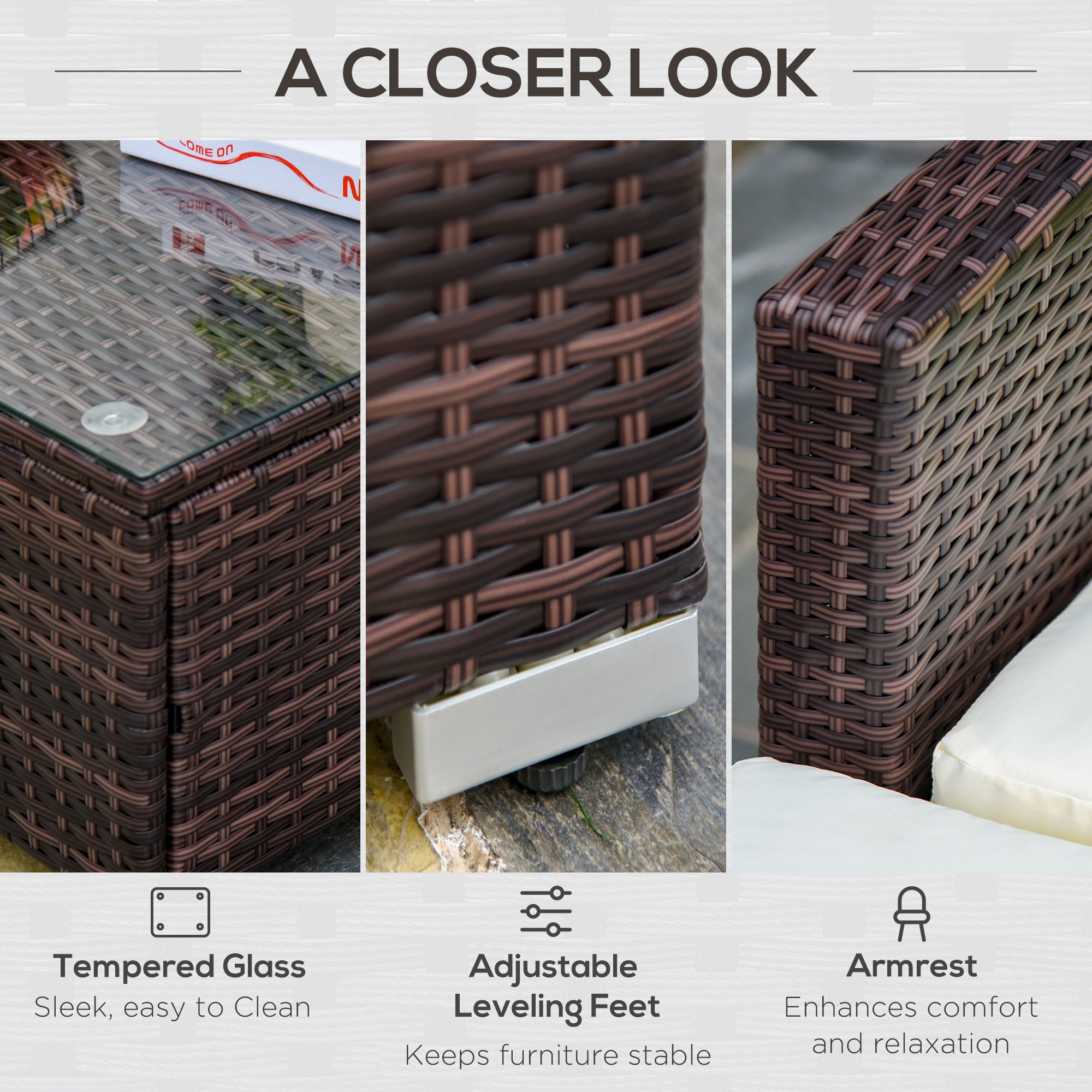 Outsunny 6 Pieces Rattan Garden Furniture Set, 5 Seater Sectional Garden Corner Sofa Set with Glass Top Coffee Table, Cushions and Pillows, All-Weather Wicker Conversation Furniture, Cream White