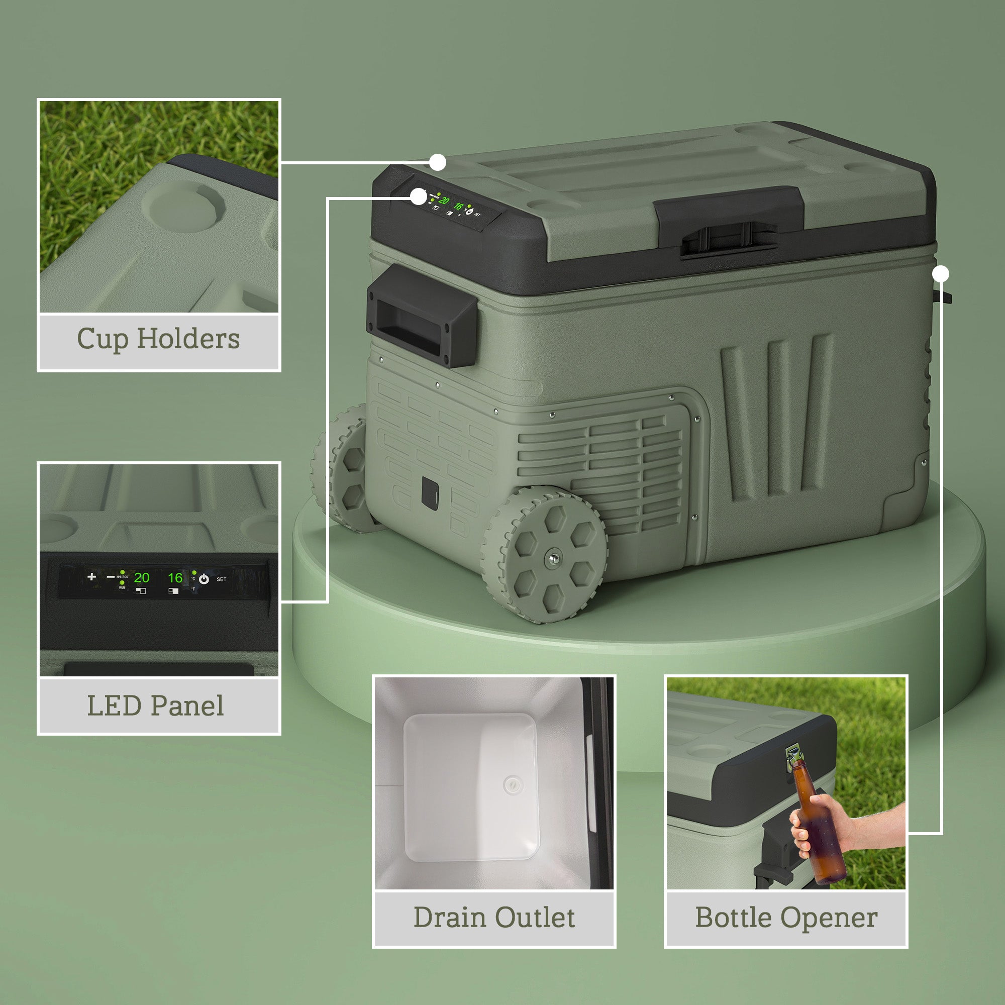 Outsunny 33L Camping Fridge Freezer Dual Zone, Portable Car Fridge 12V/24V DC & 100-240V AC, Electric Cool Box -20√¢‚Äû∆í-20√¢‚Äû∆í with Wheels and LED Light, for Travel, RV, Road Trip, Picnic [Energy Class E]