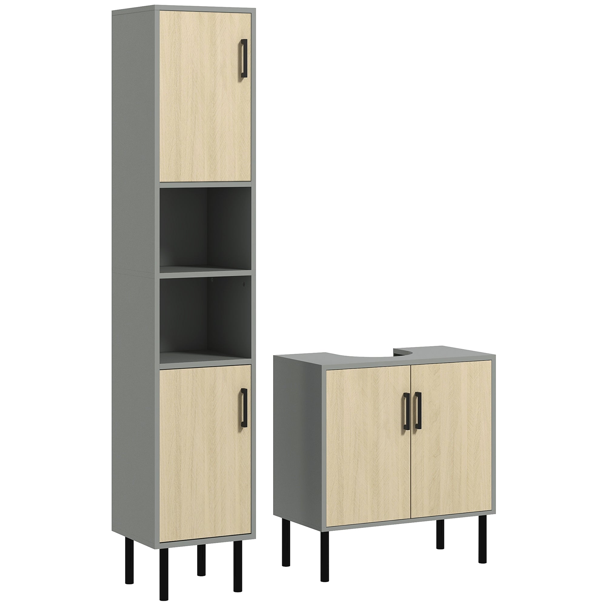 kleankin Bathroom Furniture Set with Doors, Tall Bathroom Cabinet with Adjustable Shelves, Under Sink Cabinet, Grey