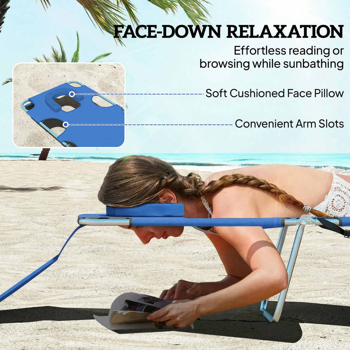 Outsunny 5-Position Adjustable Sun Loungers Set of 2 with Reading Hole and Side Pocket, Blue