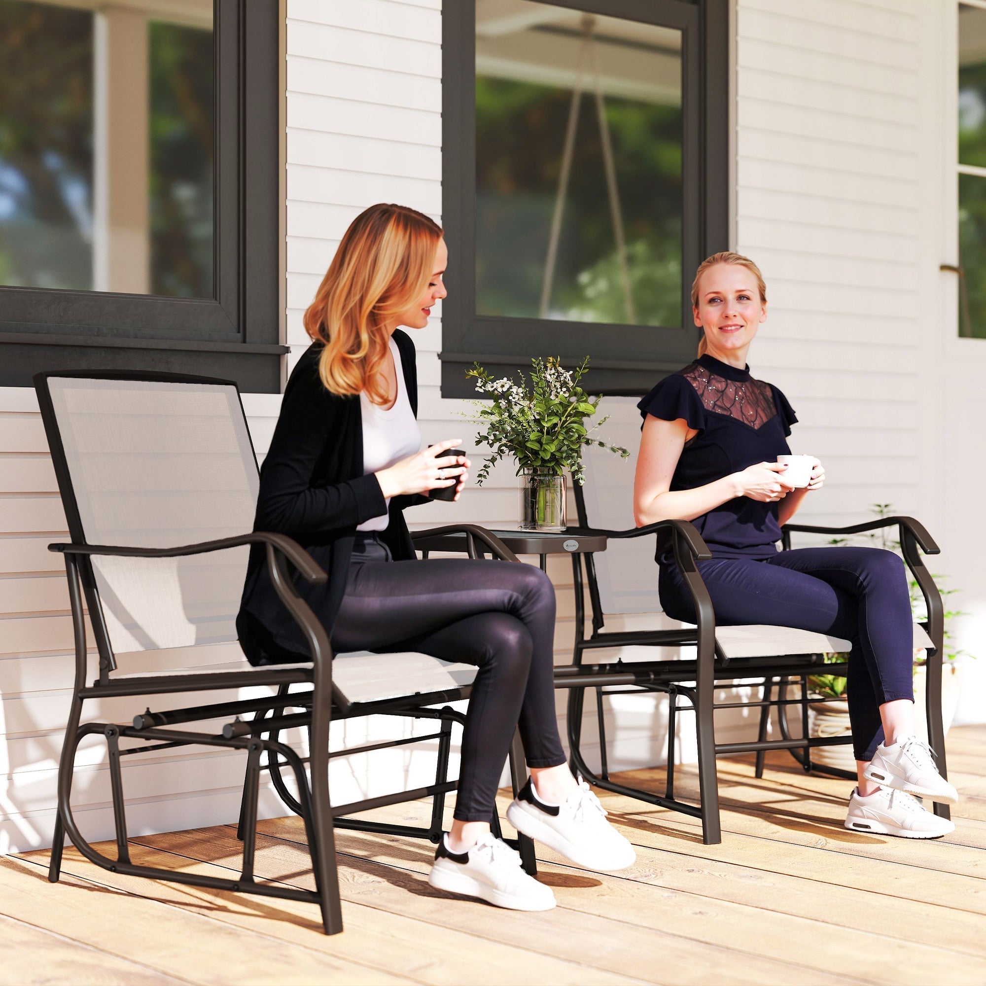 Outsunny Gliding Jack and Jill Seat, with Glass-Top Table - Brown/Beige